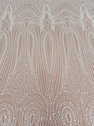 Dantela Ivory cu Model Geometric, cu Perle, Margele si Paiete