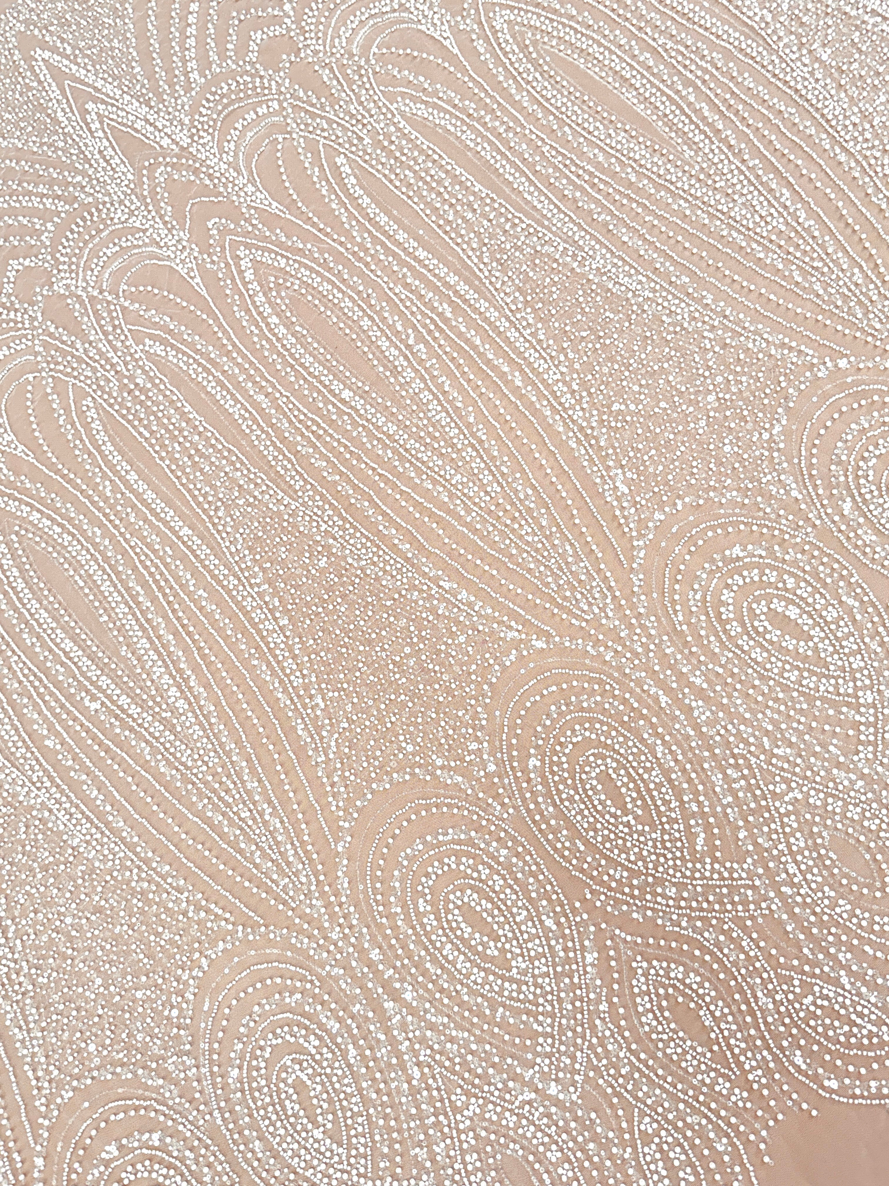 Ivory Lace with Geometric Pattern, with Pearls, Beads and Sequins