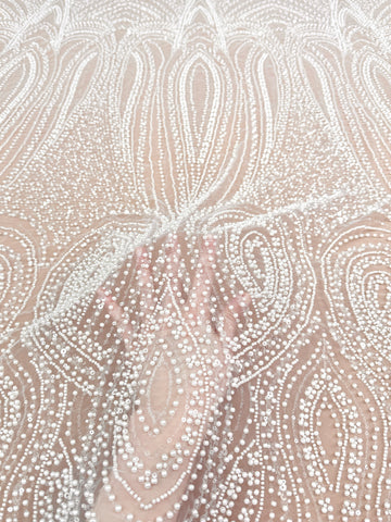 Ivory Lace with Geometric Pattern, with Pearls, Beads and Sequins