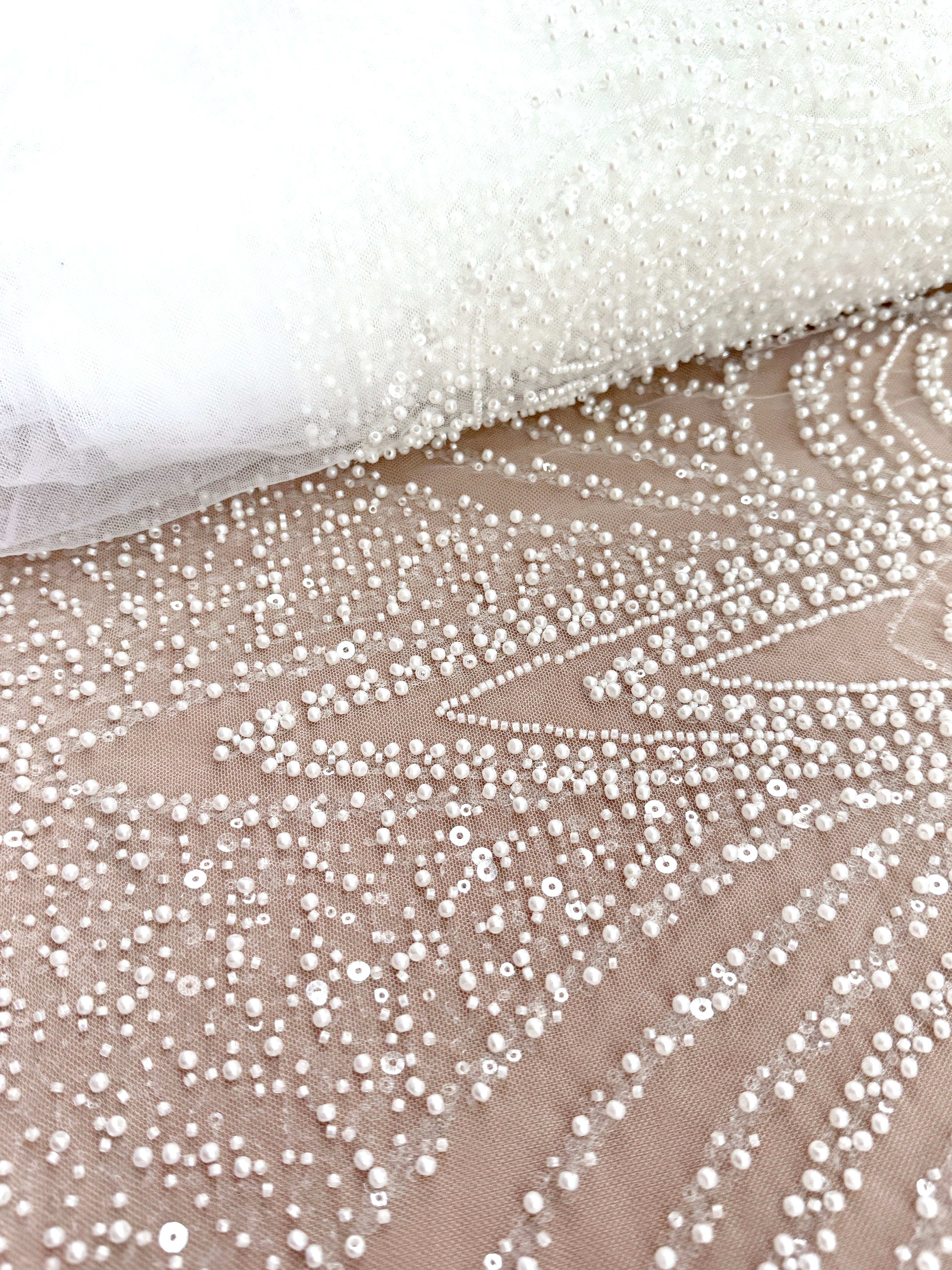Ivory Lace with Geometric Pattern, with Pearls, Beads and Sequins