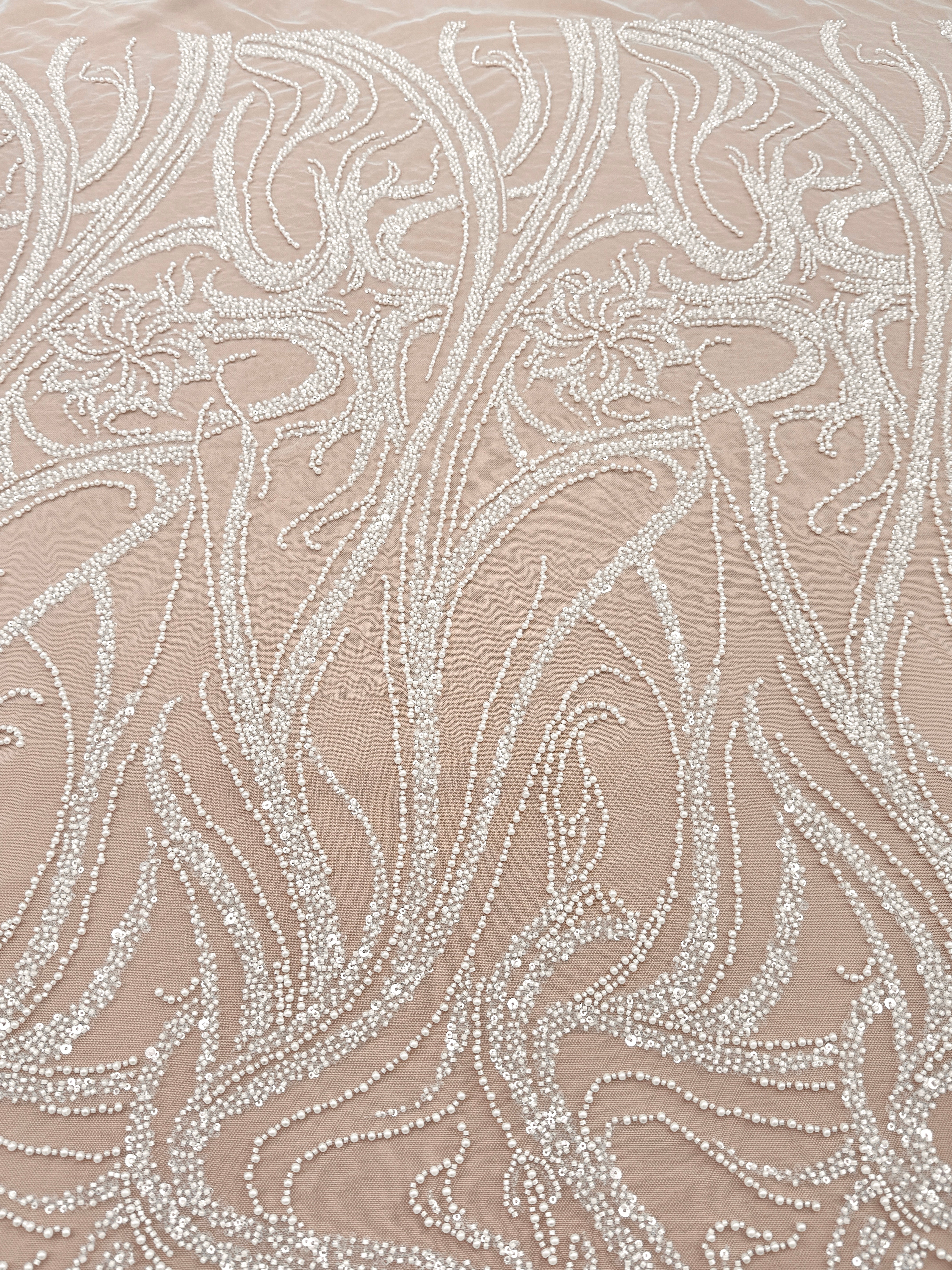 Ivory Couture Lace with Floral Pattern, Pearls, Beads and Sequins