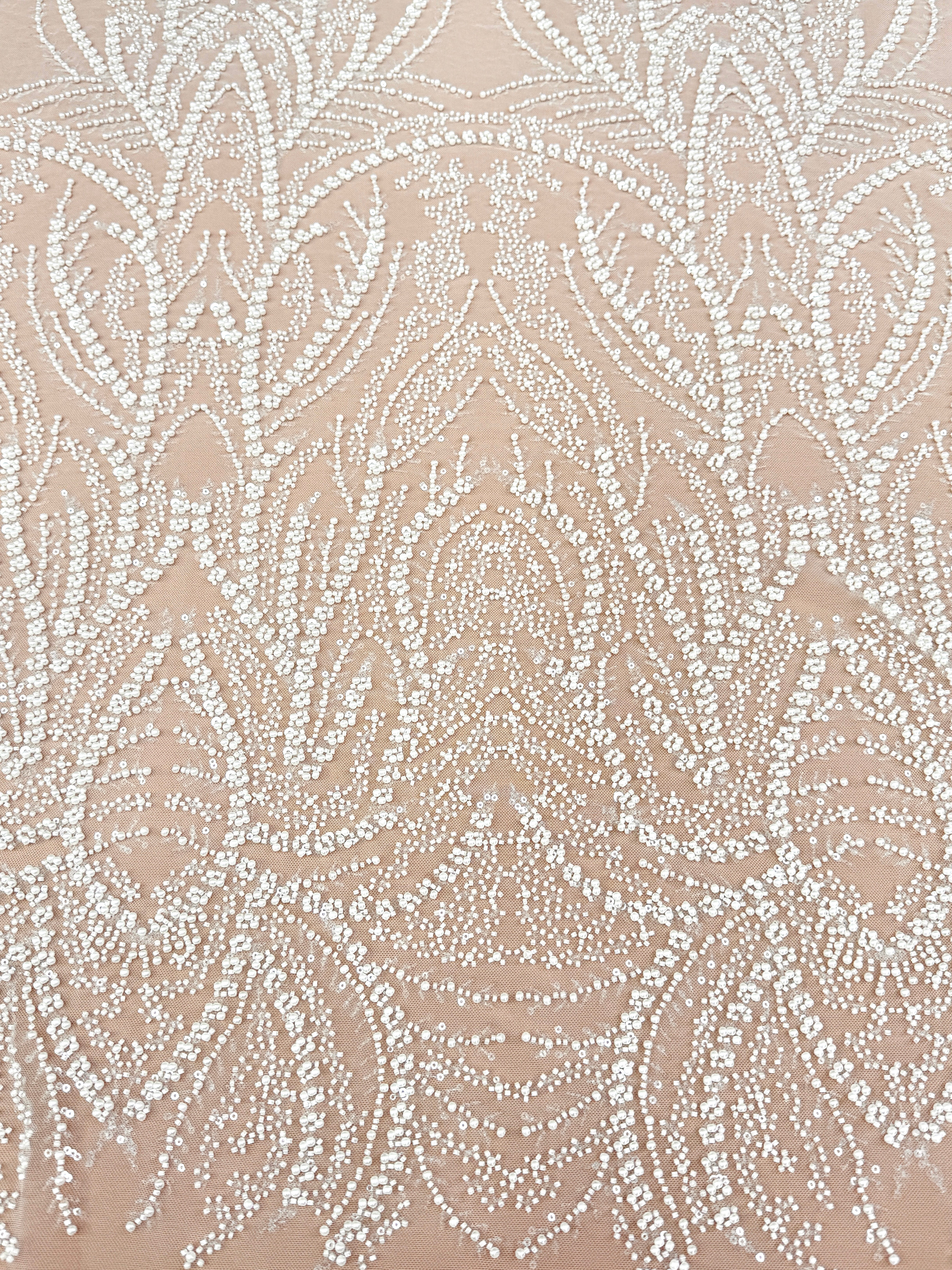 Ivory Lace with Geometric Pattern, with Pearls, Beads and Sequins