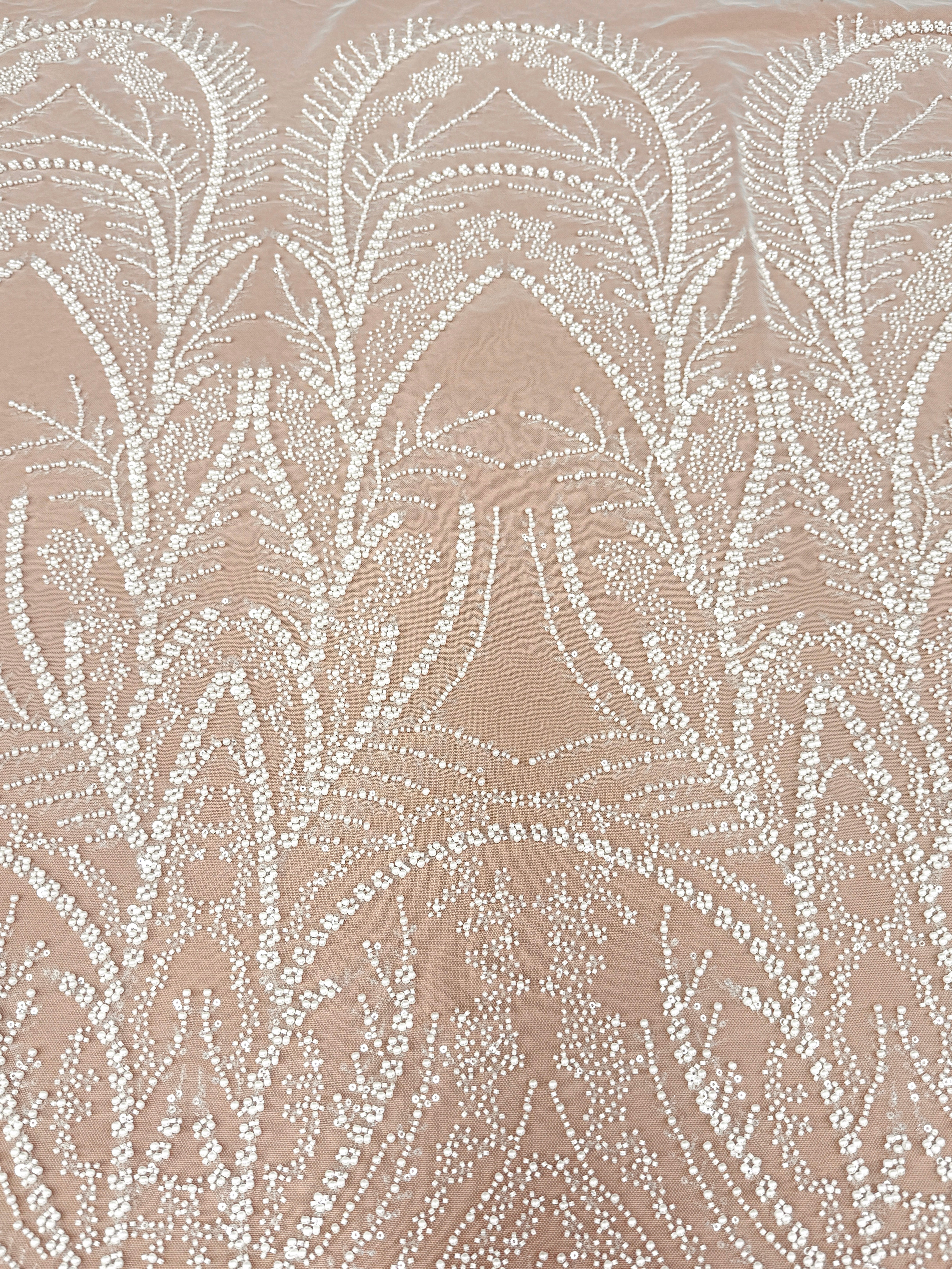 Ivory Lace with Geometric Pattern, with Pearls, Beads and Sequins