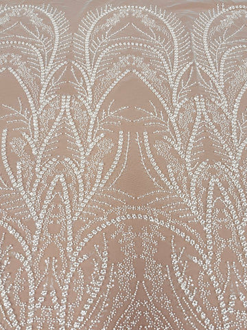 Dantela Ivory cu Model Geometric, cu Perle, Margele si Paiete