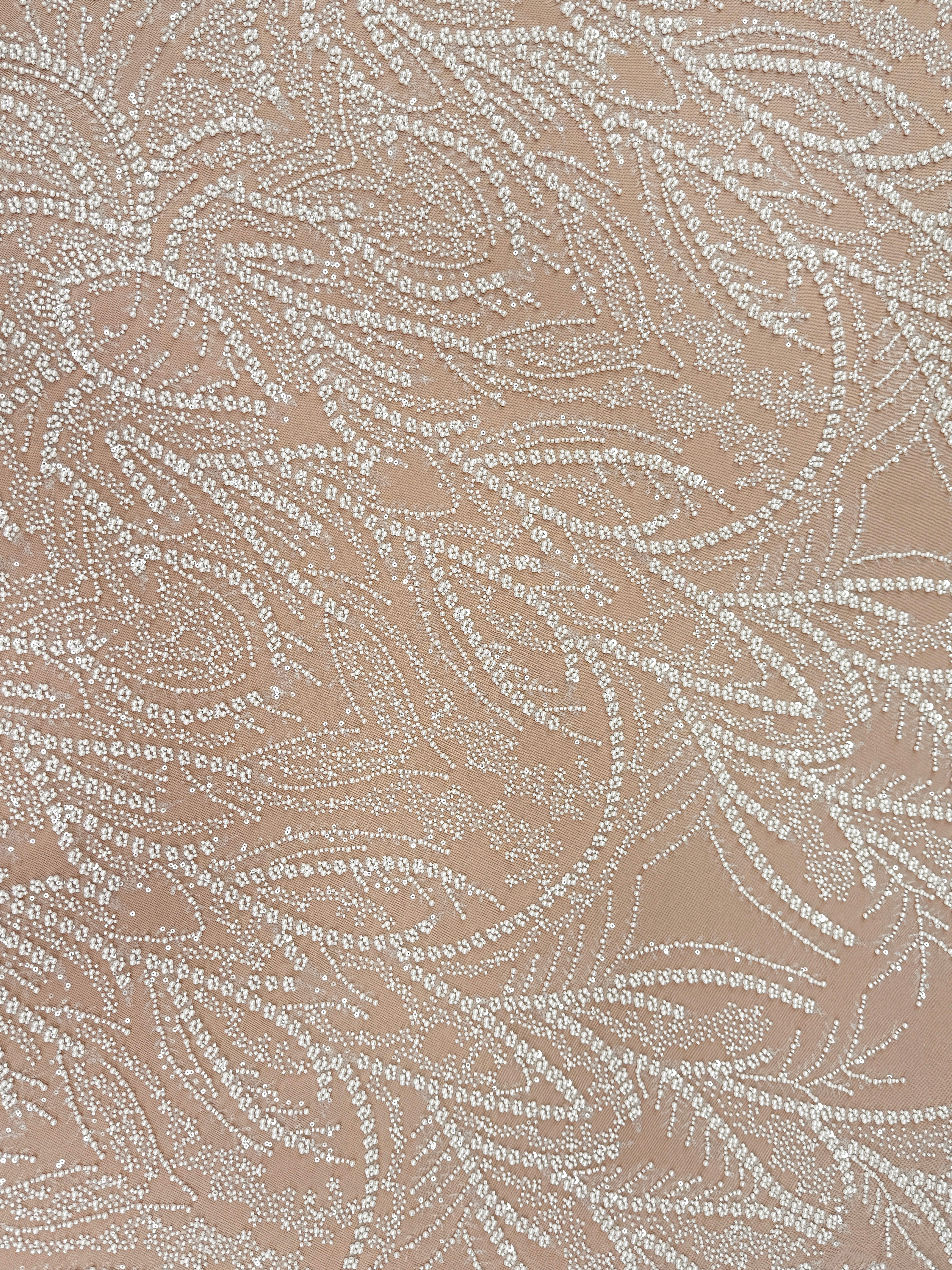 Dantela Ivory cu Model Geometric, cu Perle, Margele si Paiete