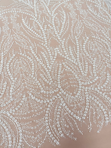 Dantela Ivory cu Model Geometric, cu Perle, Margele si Paiete