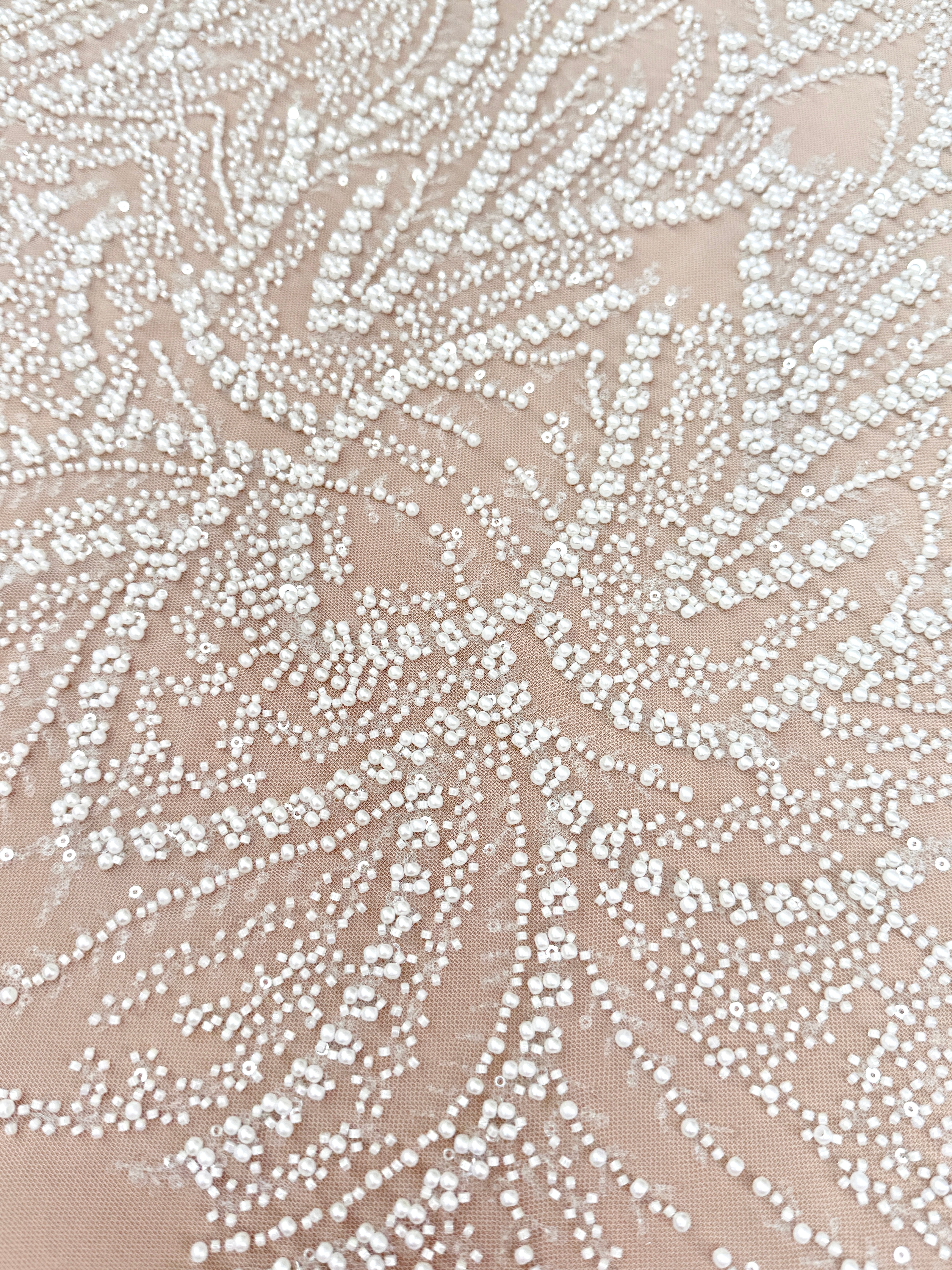 Ivory Lace with Geometric Pattern, with Pearls, Beads and Sequins