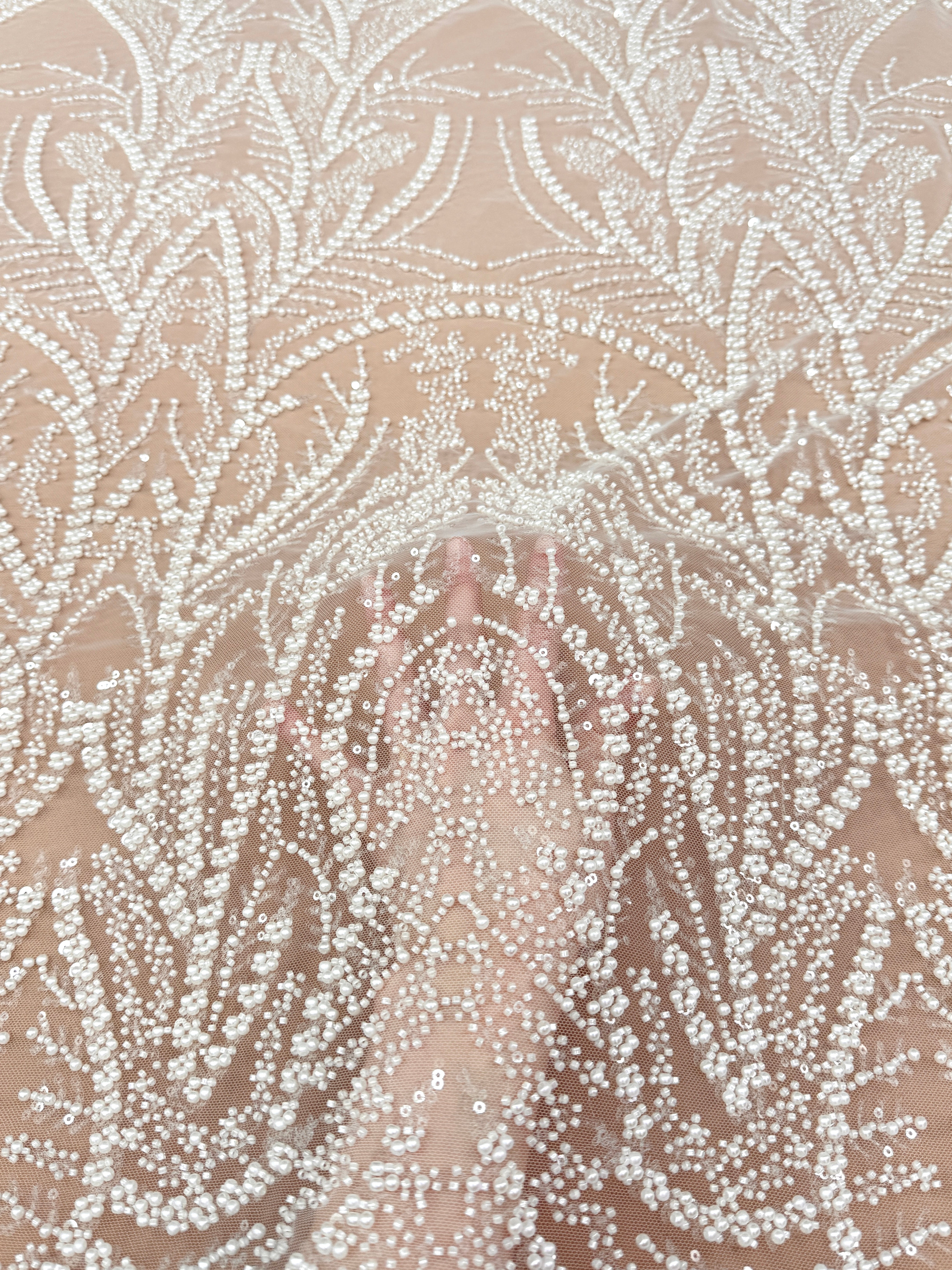 Ivory Lace with Geometric Pattern, with Pearls, Beads and Sequins