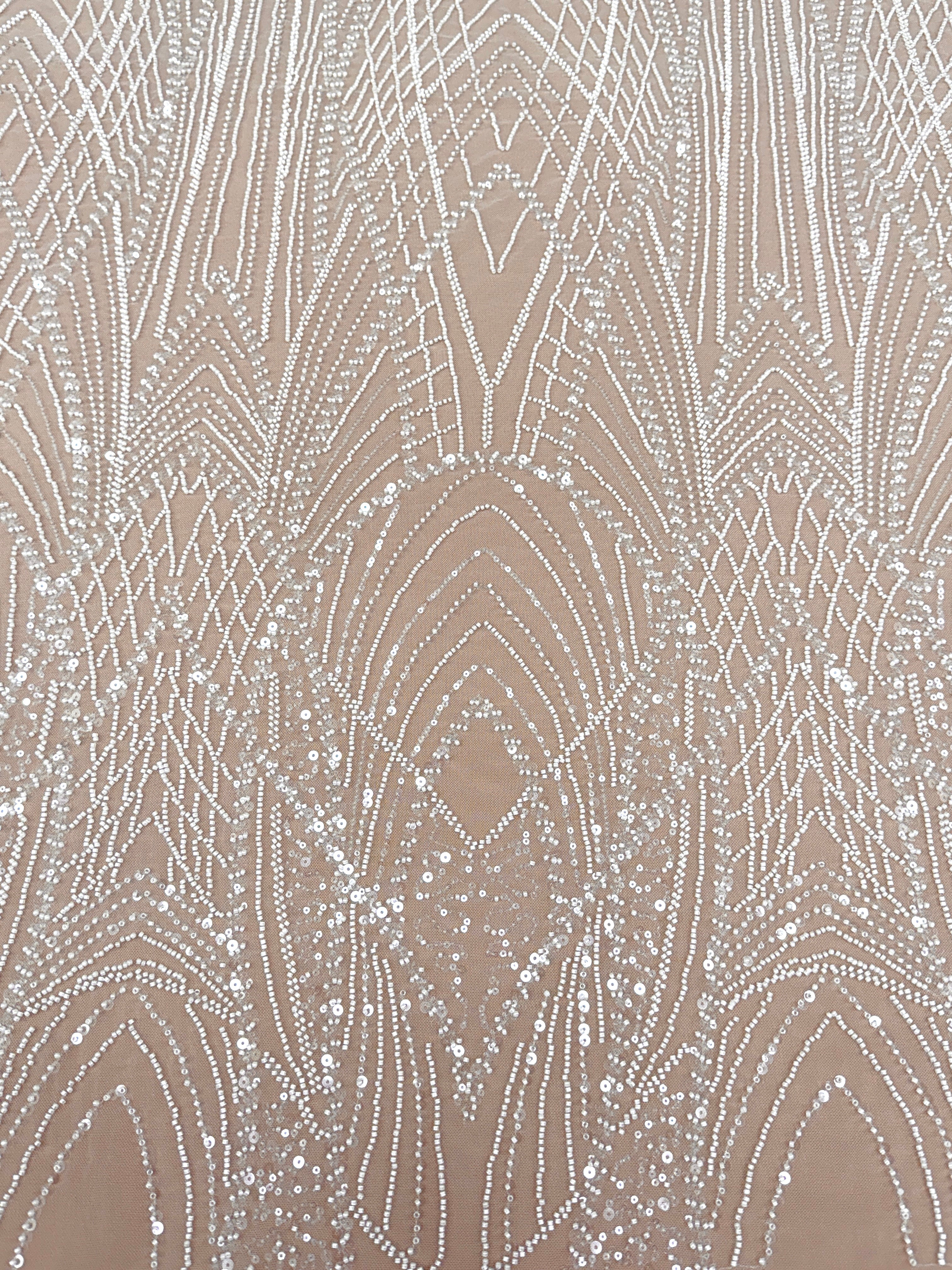 Dantela Ivory cu Panou, cu Margele si Paiete