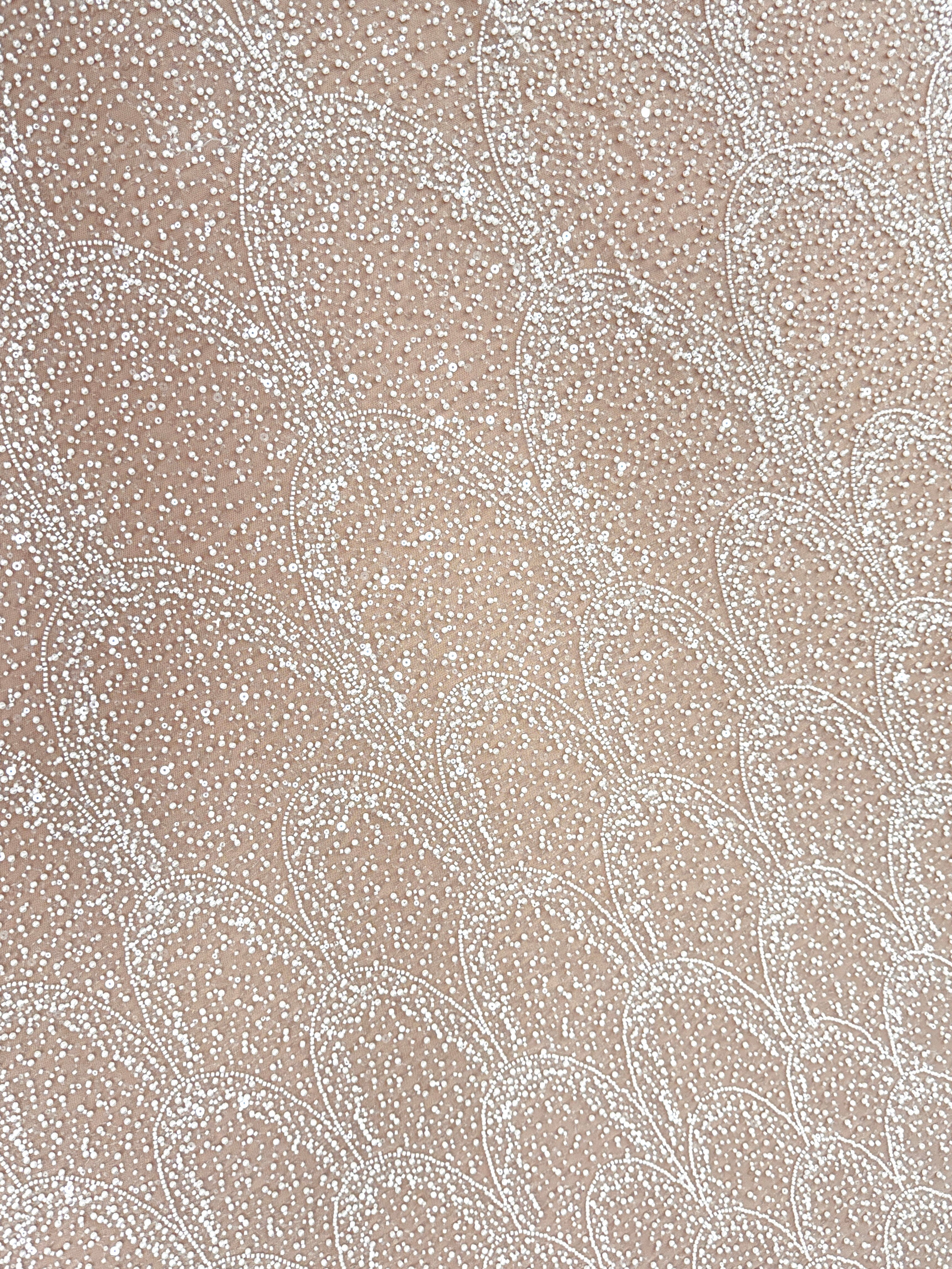 Dantela Ivory cu Model Geometric, cu Perle, Margele si Paiete