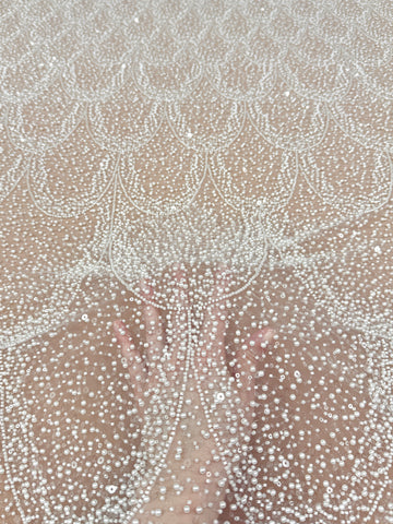 Dantela Ivory cu Model Geometric, cu Perle, Margele si Paiete