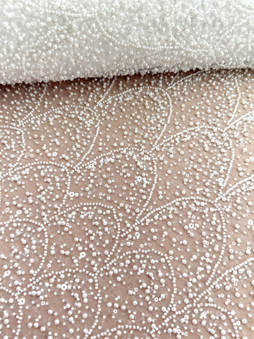 Dantela Ivory cu Model Geometric, cu Perle, Margele si Paiete