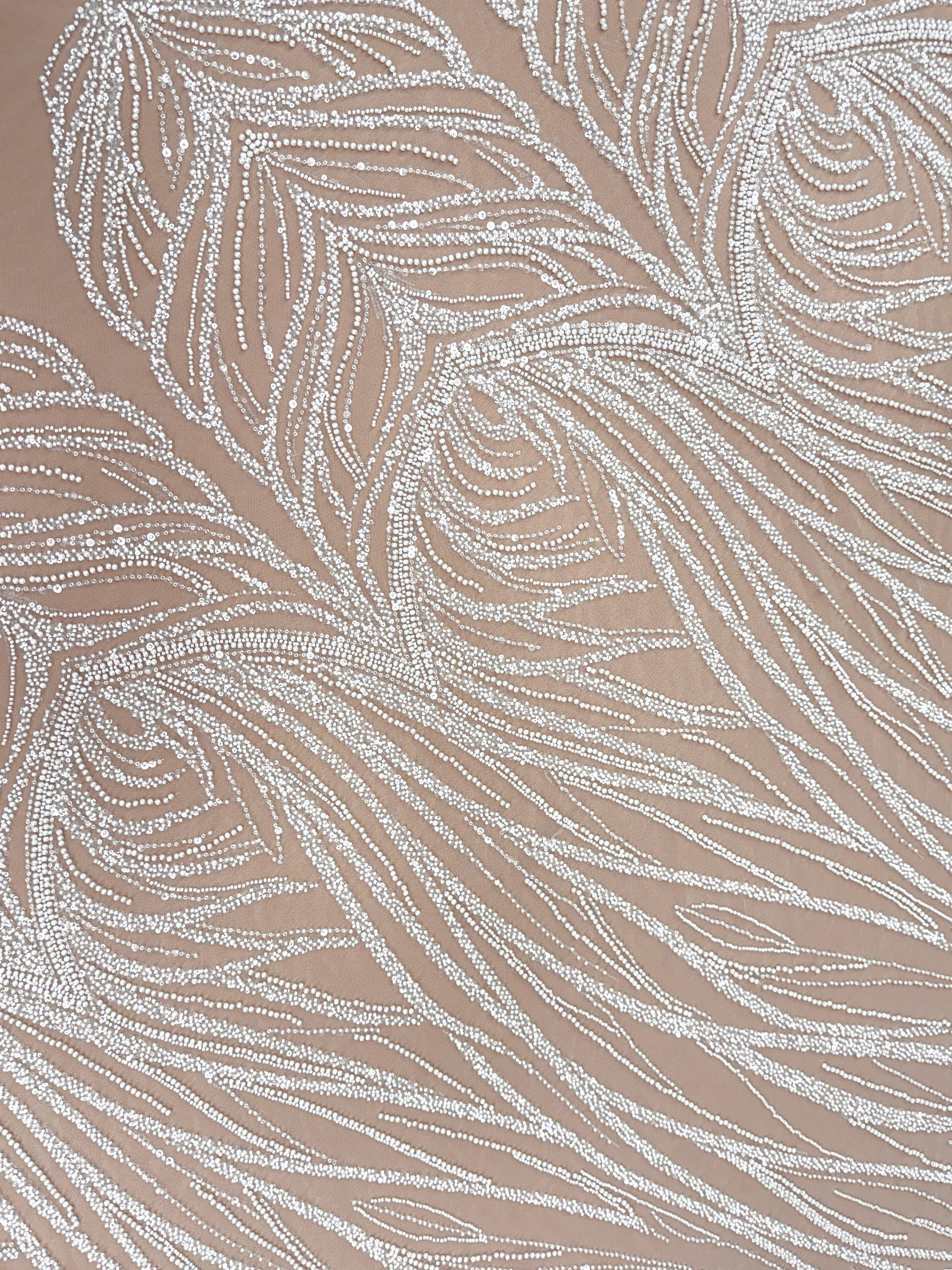 Dantela Ivory cu Model Geometric, cu Perle, Margele si Paiete