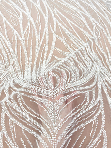 Dantela Ivory cu Model Geometric, cu Perle, Margele si Paiete