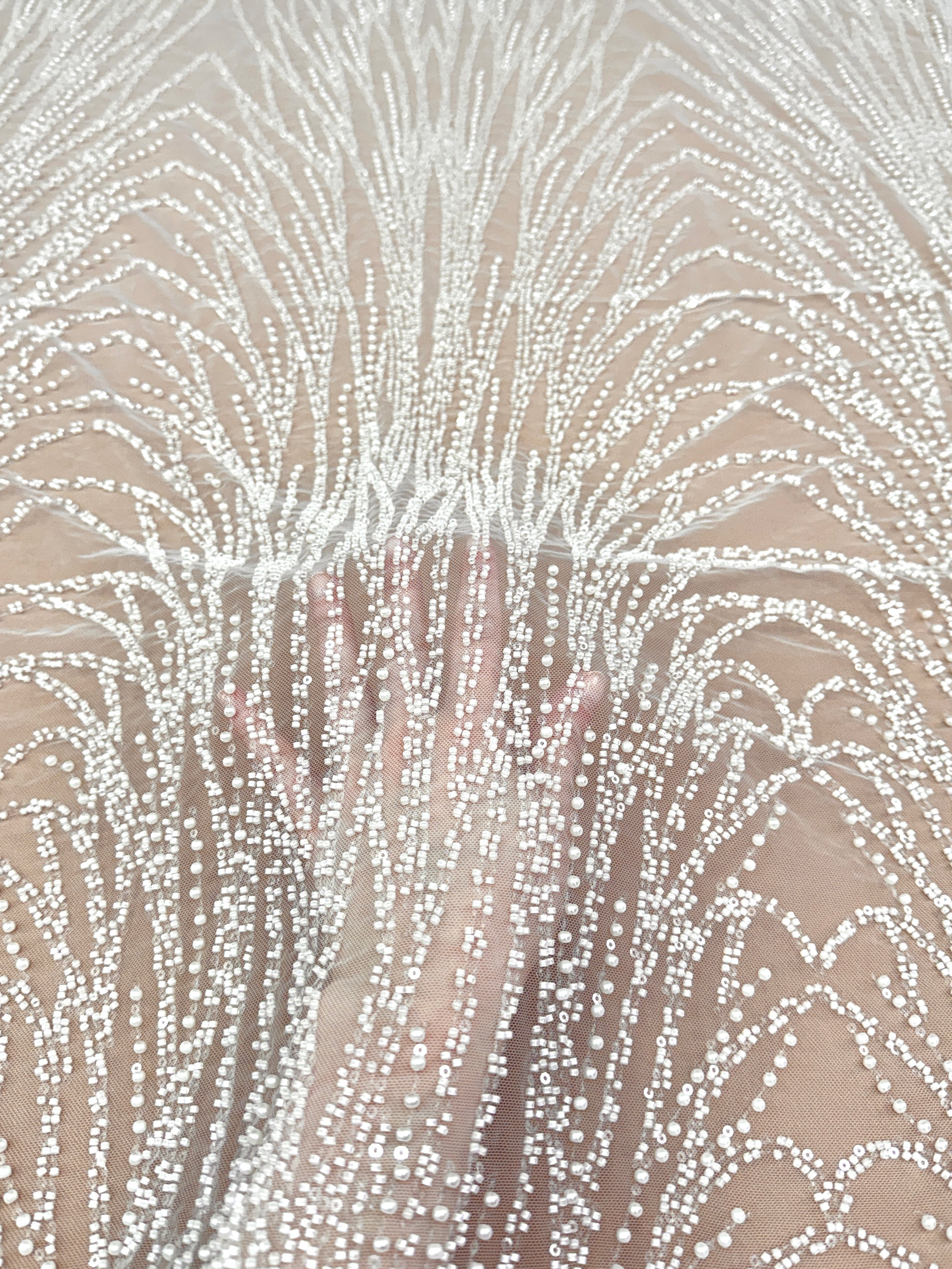 Ivory Lace with Linear Pattern, with Beads and Sequins