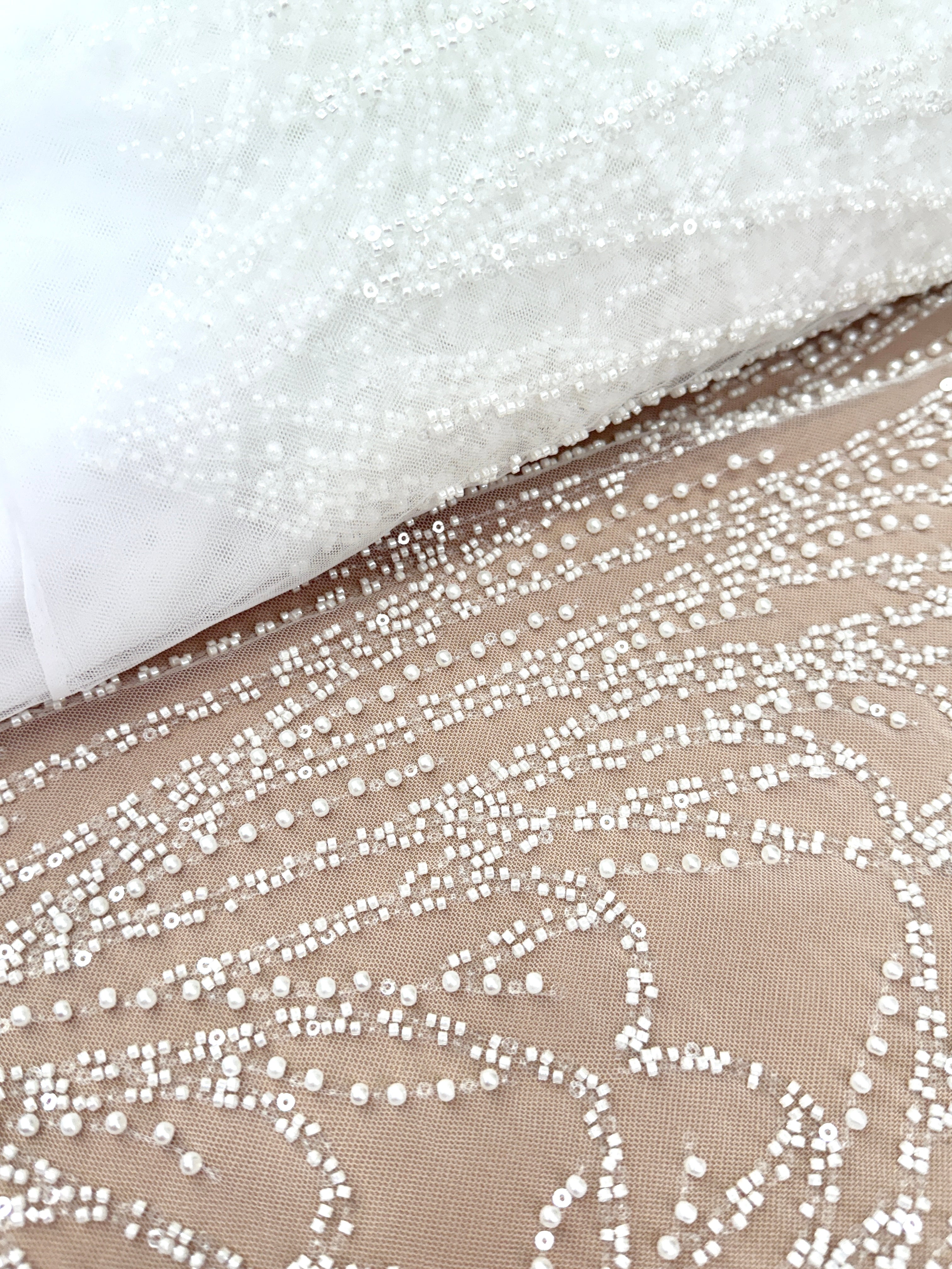 Ivory Lace with Linear Pattern, with Beads and Sequins