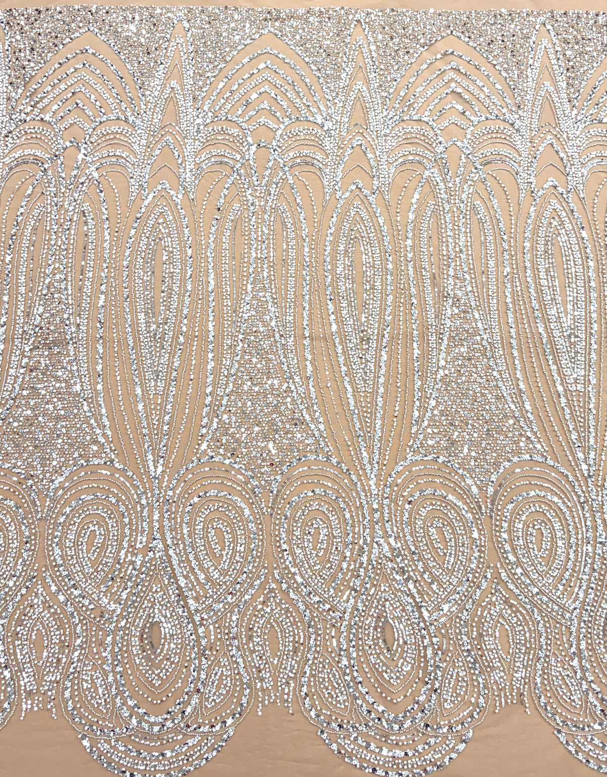 Silver Couture Lace on Nude Tulle with Geometric Pattern, with Pearls, Beads and Sequins