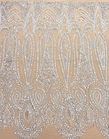 Silver Couture Lace on Nude Tulle with Geometric Pattern, with Pearls, Beads and Sequins