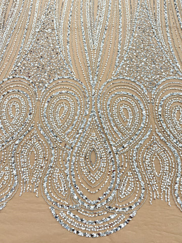 Silver Couture Lace on Nude Tulle with Geometric Pattern, with Pearls, Beads and Sequins