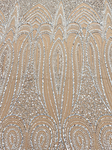 Silver Couture Lace on Nude Tulle with Geometric Pattern, with Pearls, Beads and Sequins