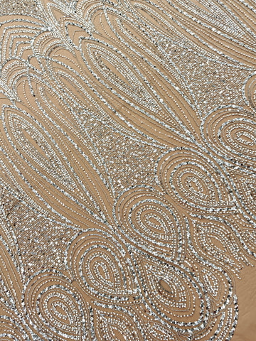 Silver Couture Lace on Nude Tulle with Geometric Pattern, with Pearls, Beads and Sequins