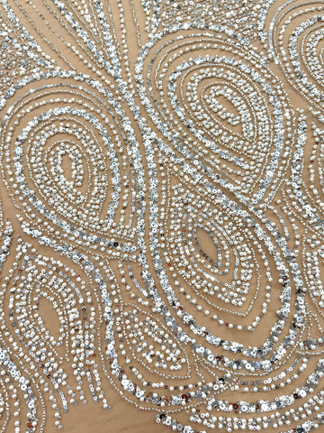 Silver Couture Lace on Nude Tulle with Geometric Pattern, with Pearls, Beads and Sequins