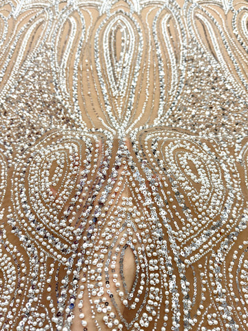 Silver Couture Lace on Nude Tulle with Geometric Pattern, with Pearls, Beads and Sequins