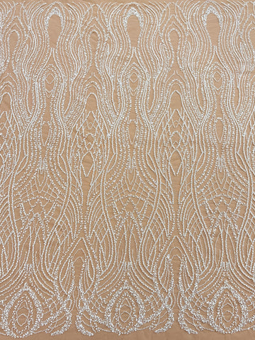 Dantela Couture Ivory cu Tulle Nude cu Perle, Margele si Paiete