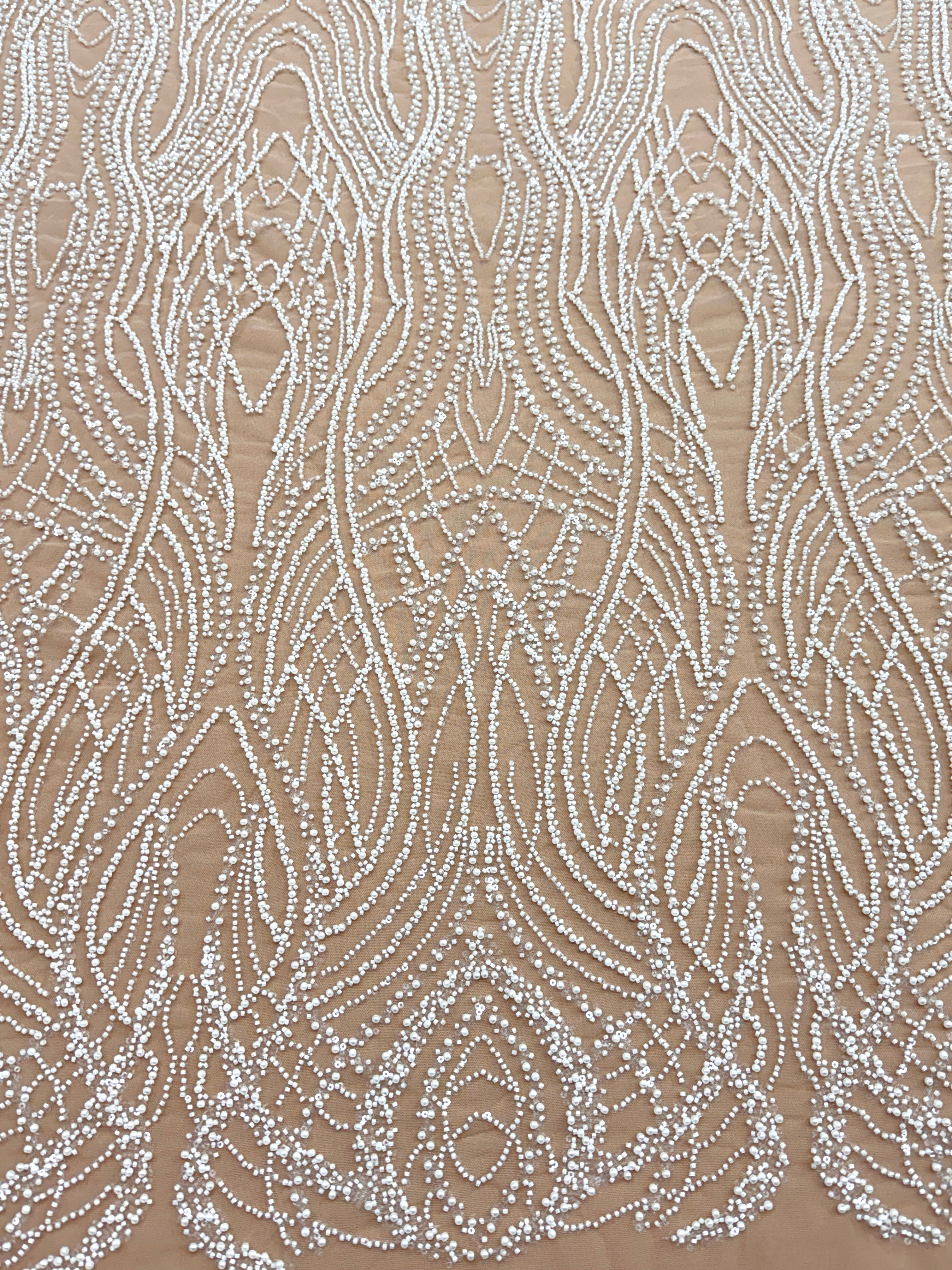 Dantela Couture Ivory cu Tulle Nude cu Perle, Margele si Paiete