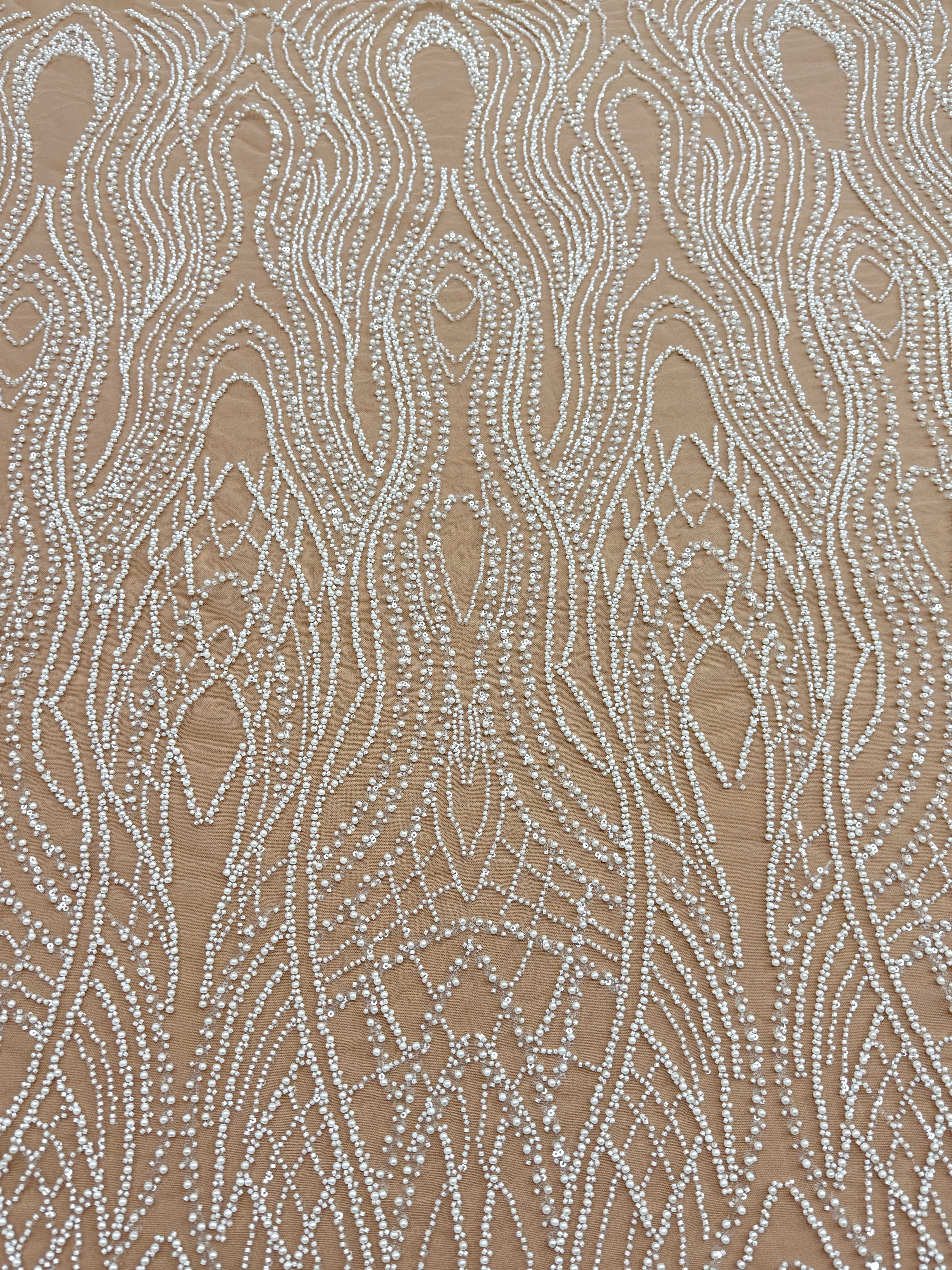 Dantela Couture Ivory cu Tulle Nude cu Perle, Margele si Paiete