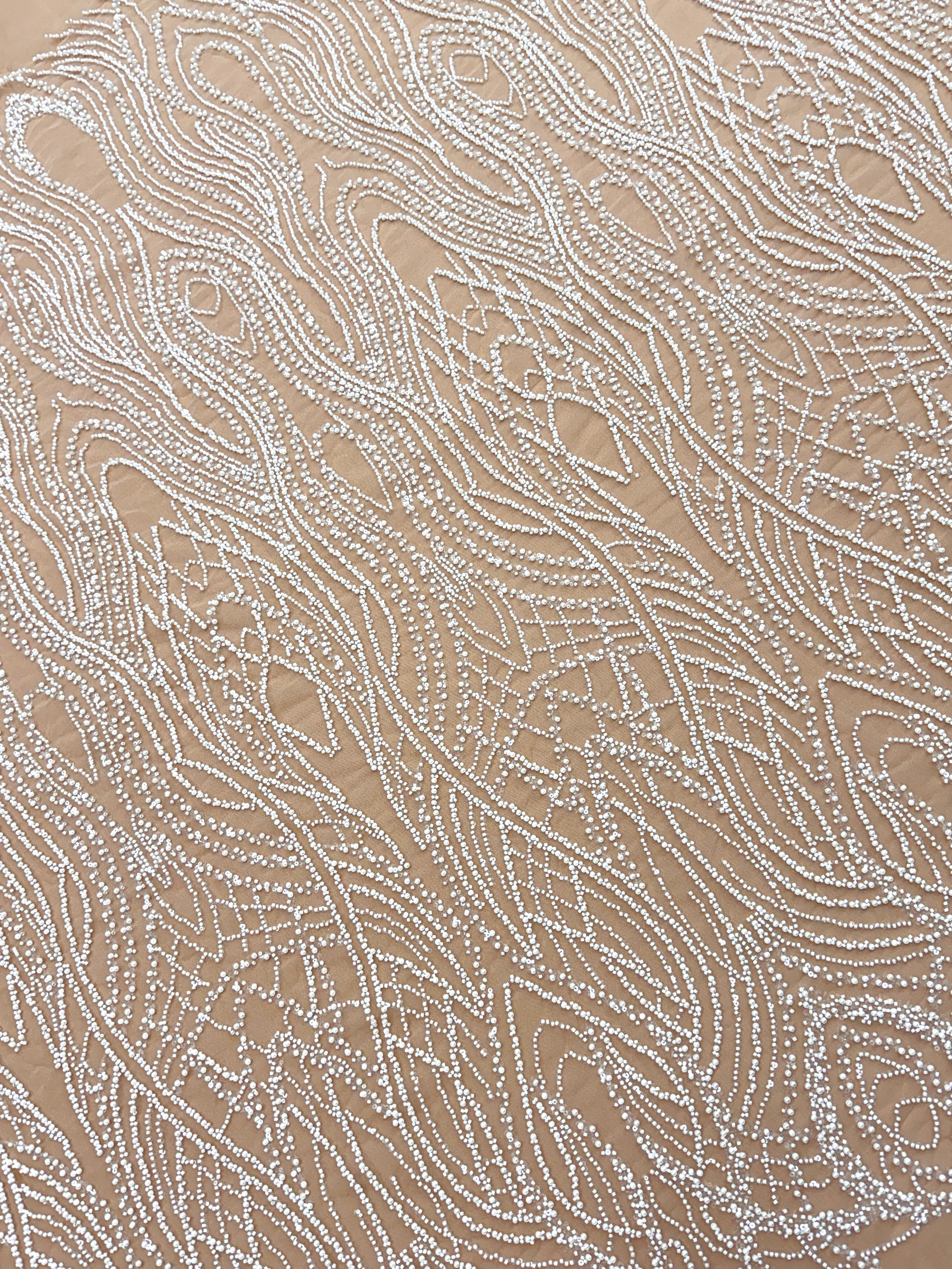 Dantela Couture Ivory cu Tulle Nude cu Perle, Margele si Paiete