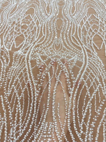 Dantela Couture Ivory cu Tulle Nude cu Perle, Margele si Paiete