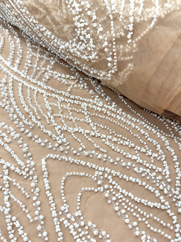 Dantela Couture Ivory cu Tulle Nude cu Perle, Margele si Paiete