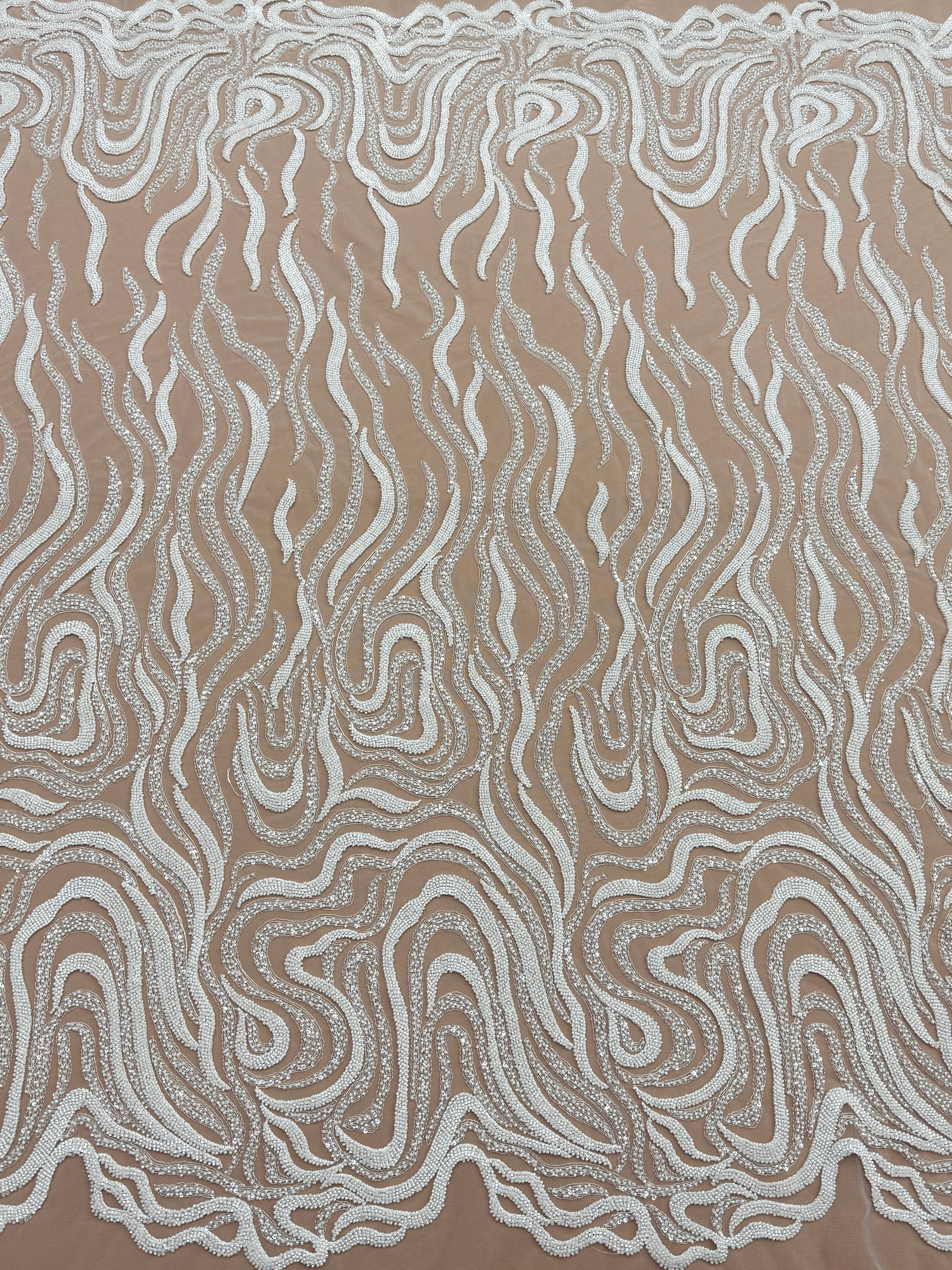 Dantela Ivory cu Model Geometric, cu Margele si Paiete