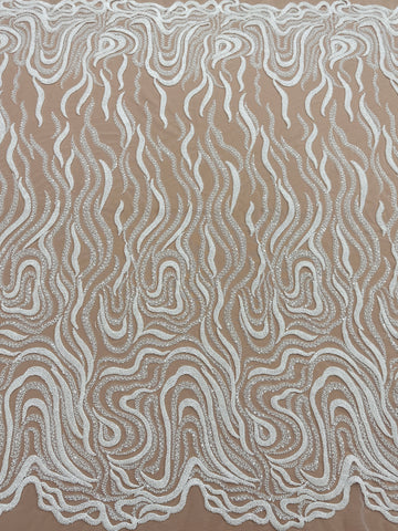 Dantela Ivory cu Model Geometric, cu Margele si Paiete