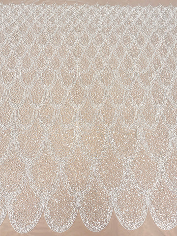 Dantela Ivory cu Model Geometric, cu Perle, Margele si Paiete