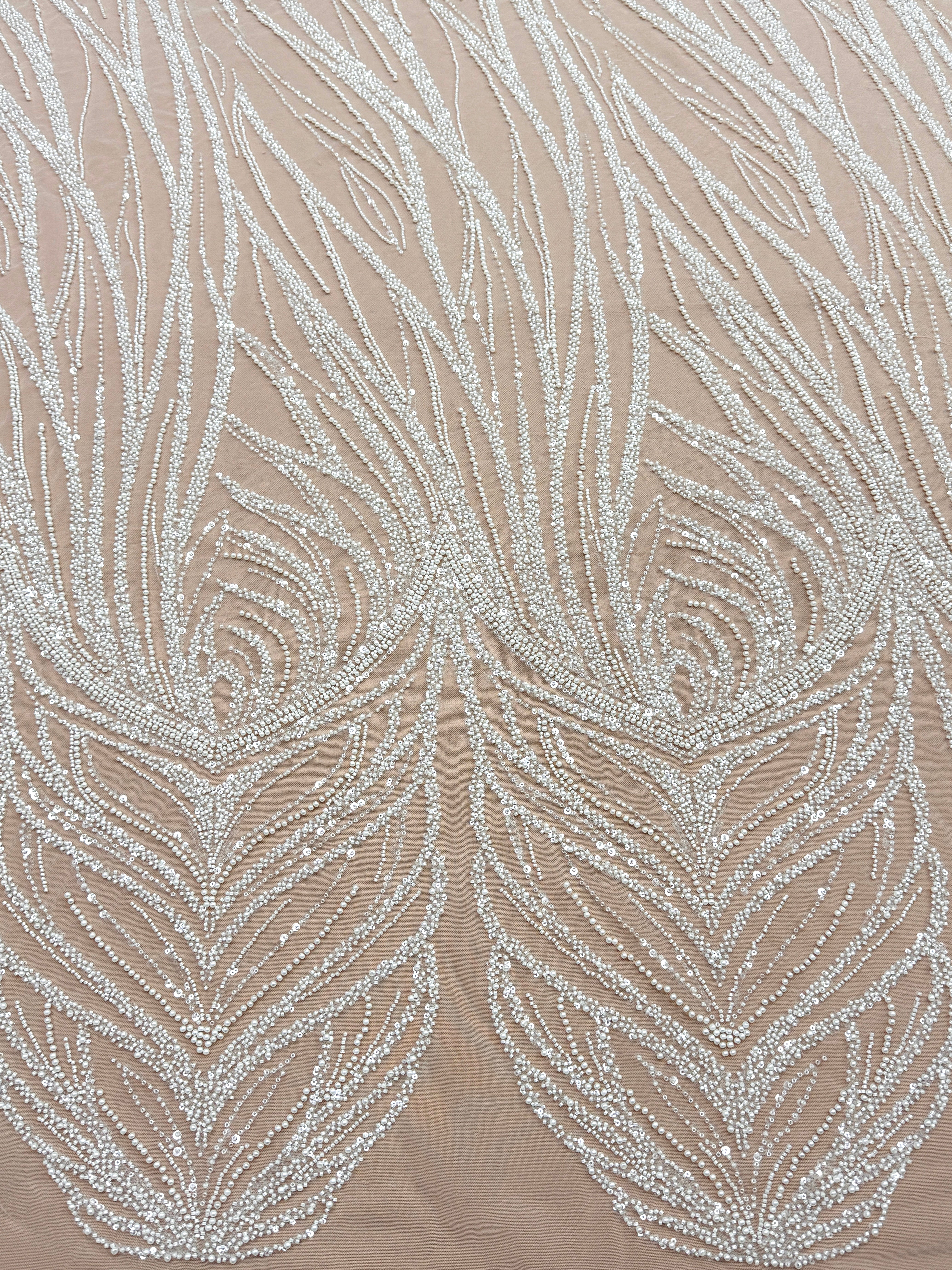 Dantela Ivory cu Model Geometric, cu Perle, Margele si Paiete