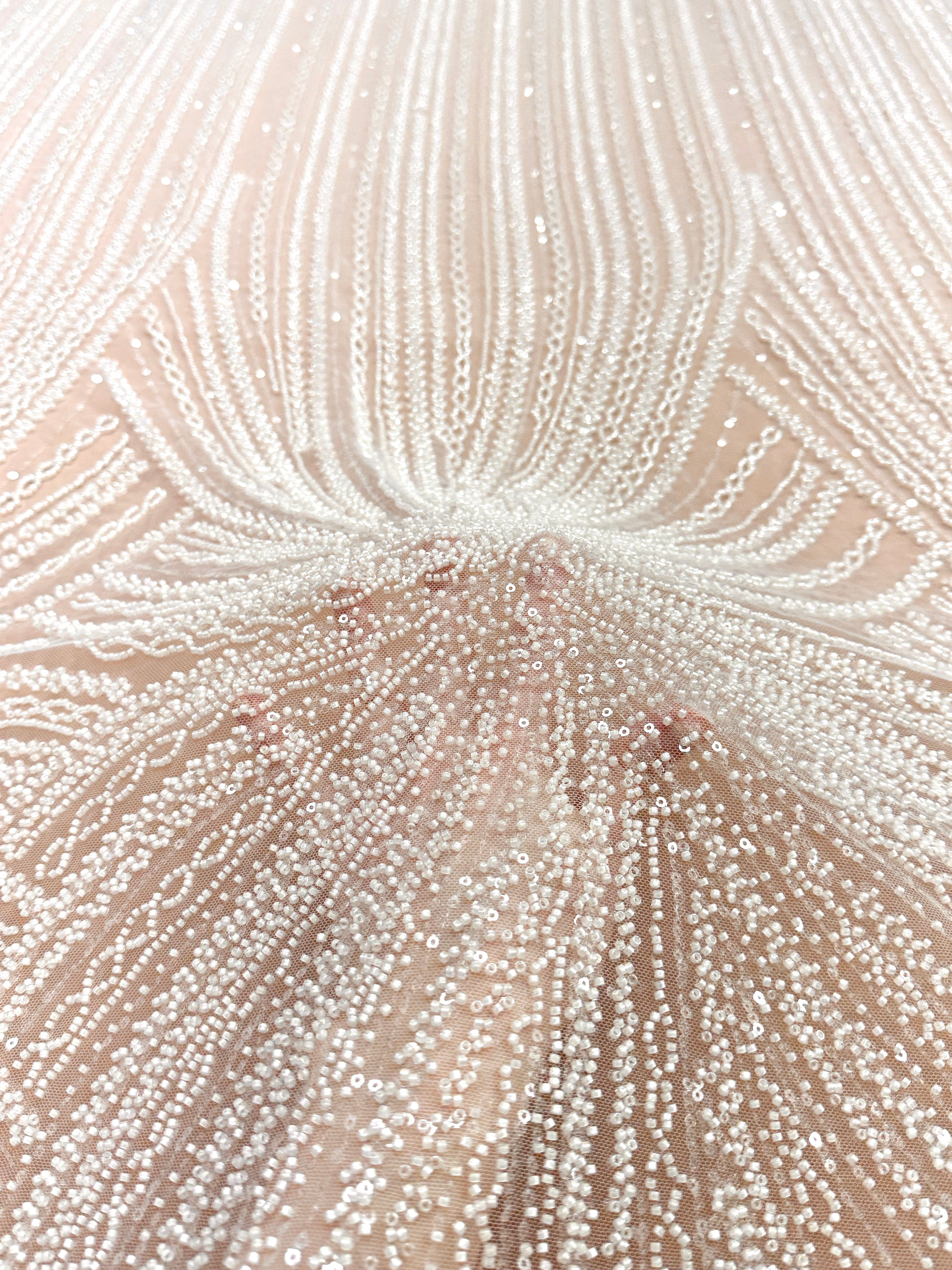 Ivory Couture Lace with Linear Pattern, Beads and Sequins