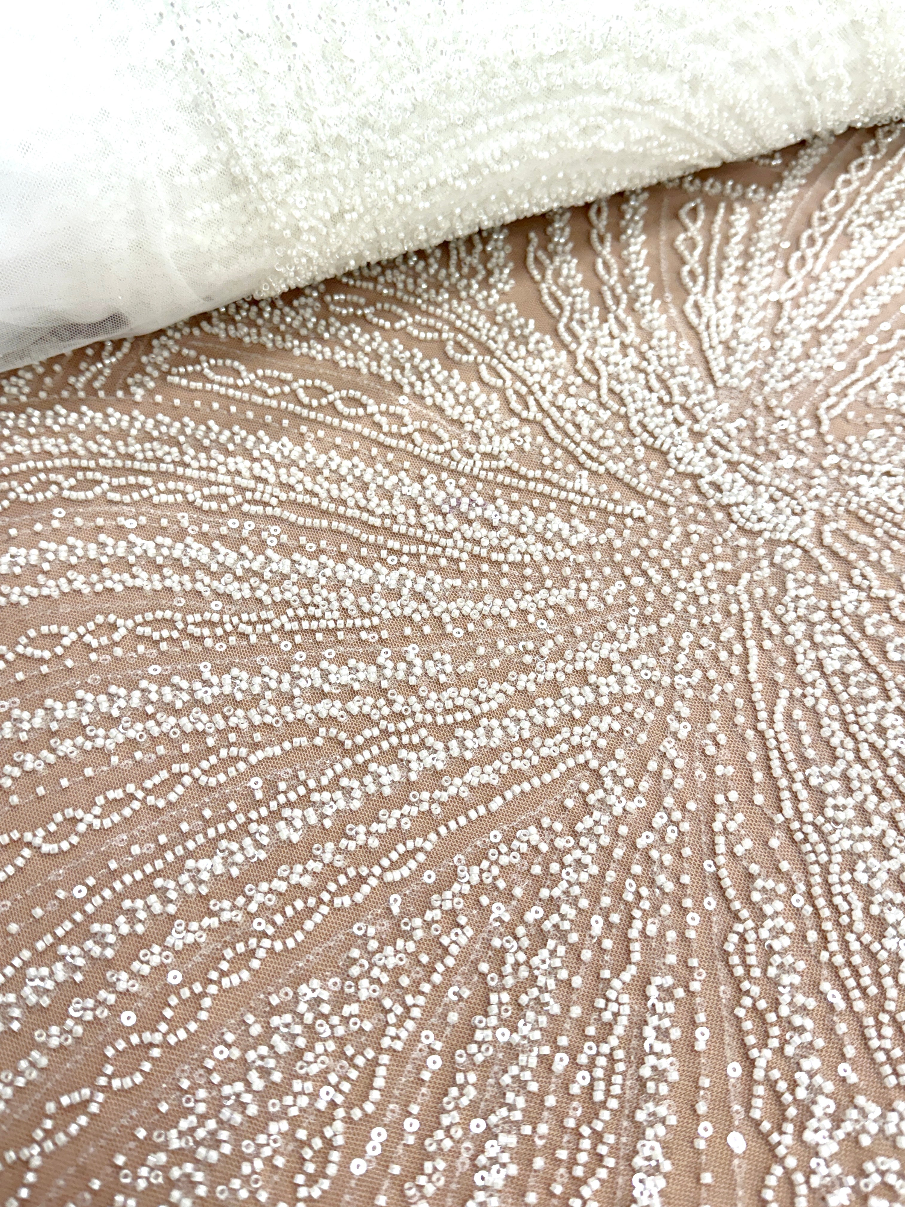 Ivory Couture Lace with Linear Pattern, Beads and Sequins