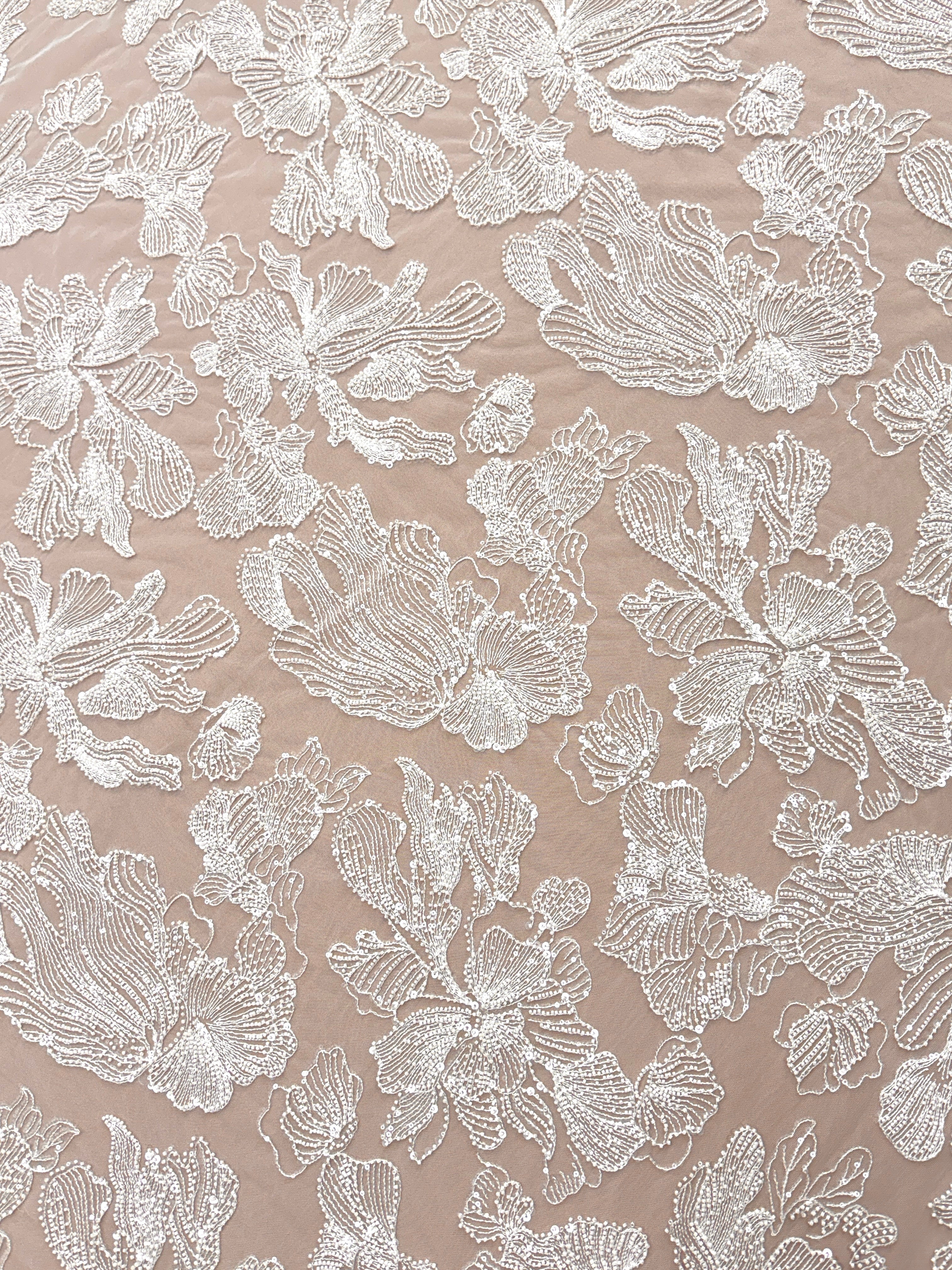 Dantela Couture Ivory cu Model Floral, cu Margele si Paiete