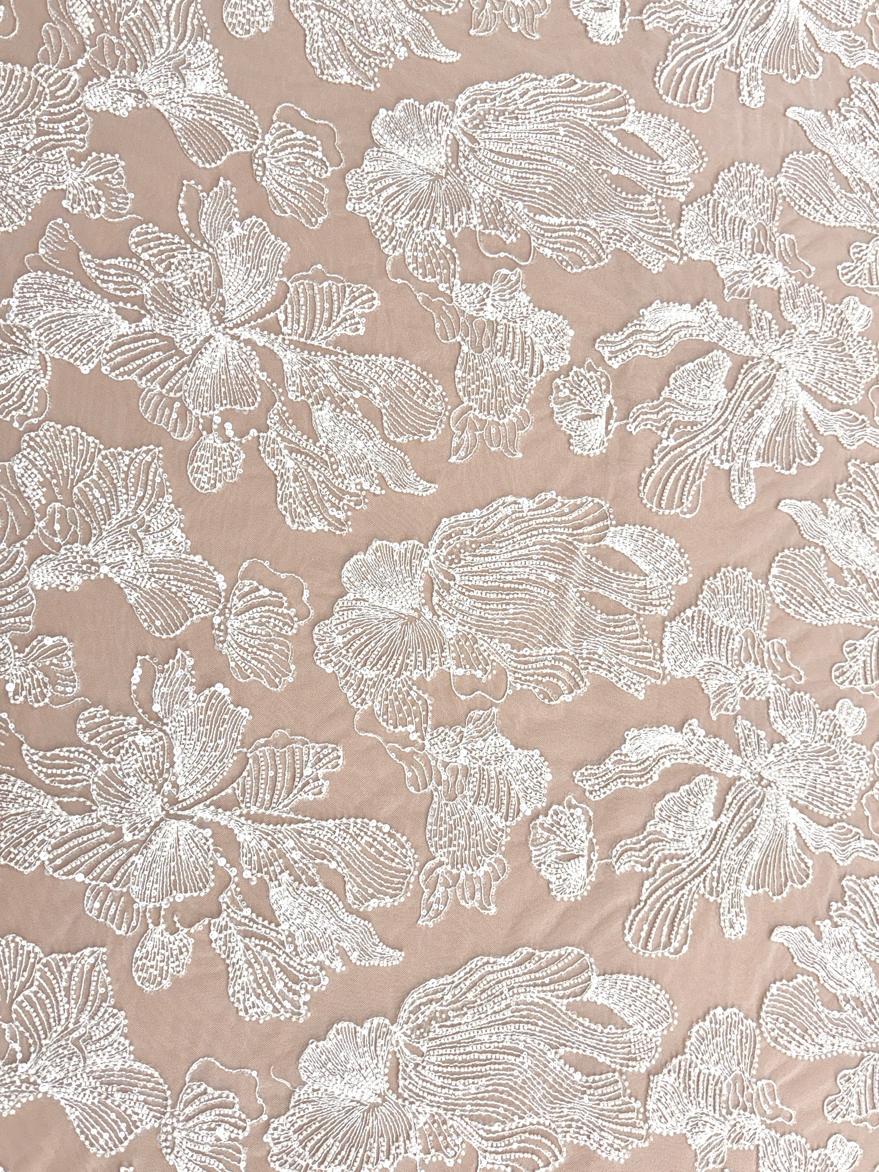Dantela Couture Ivory cu Model Floral, cu Margele si Paiete