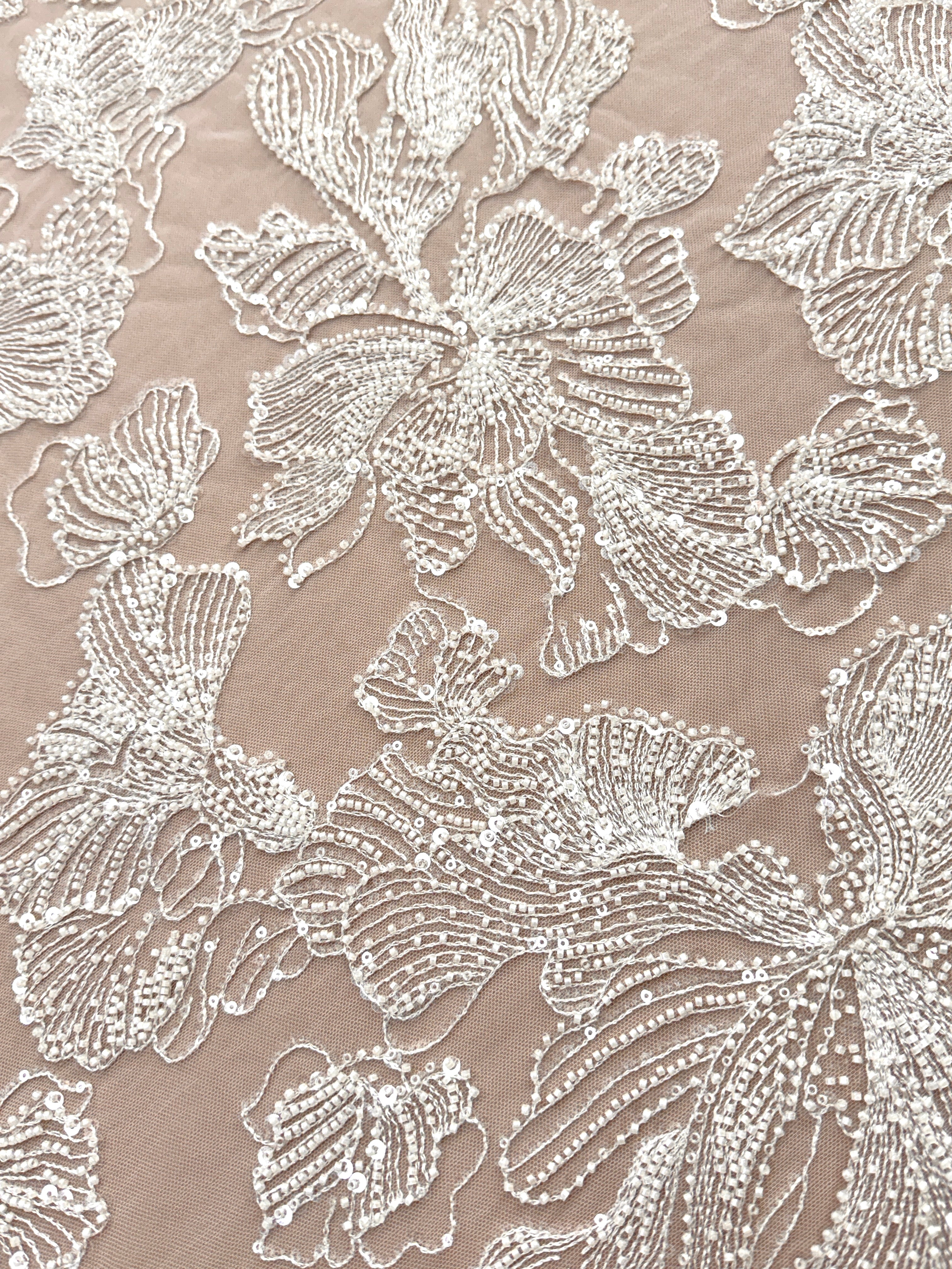 Dantela Couture Ivory cu Model Floral, cu Margele si Paiete