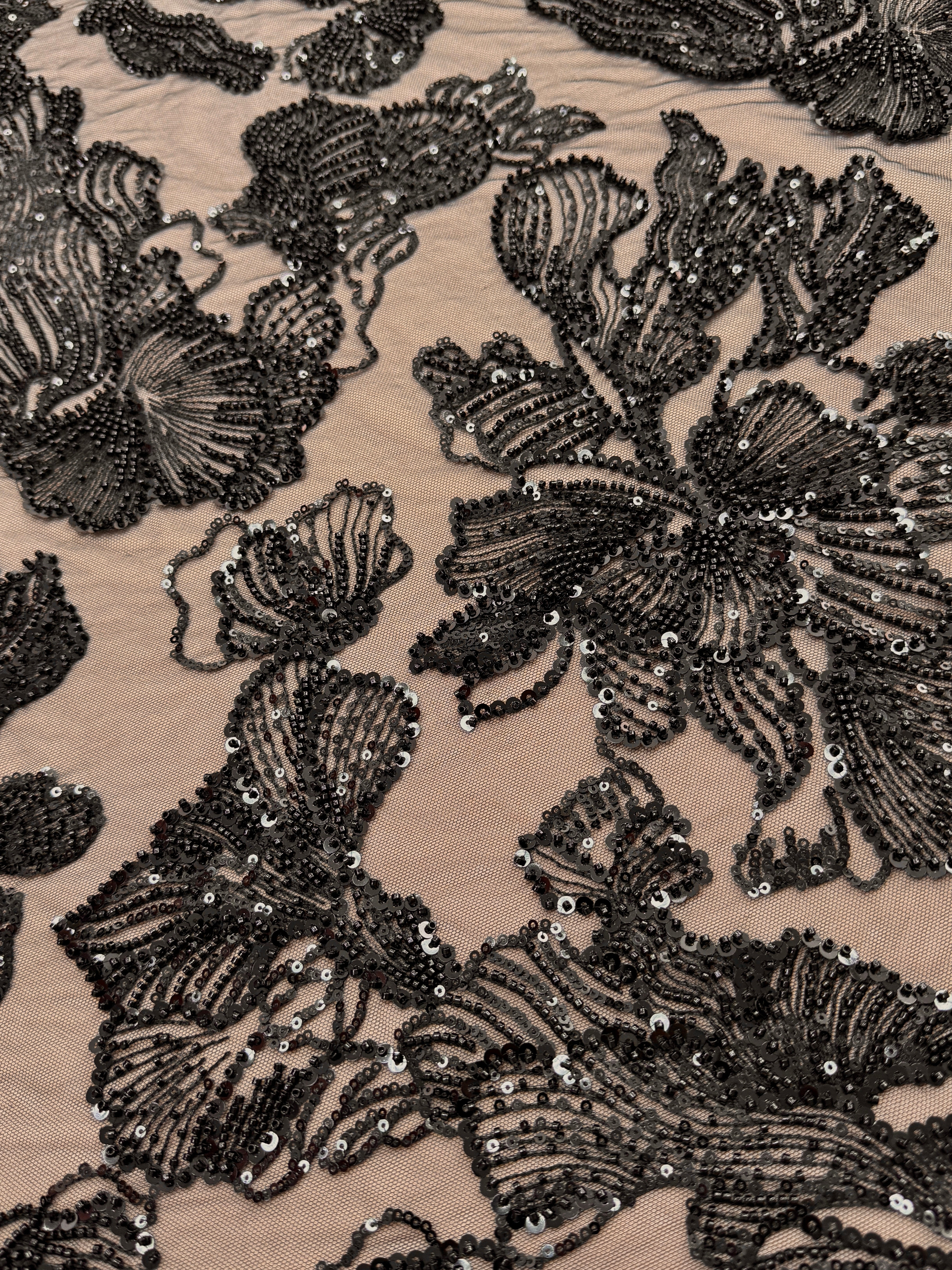 Dantela Couture Neagra cu Model Floral, cu Margele si Paiete