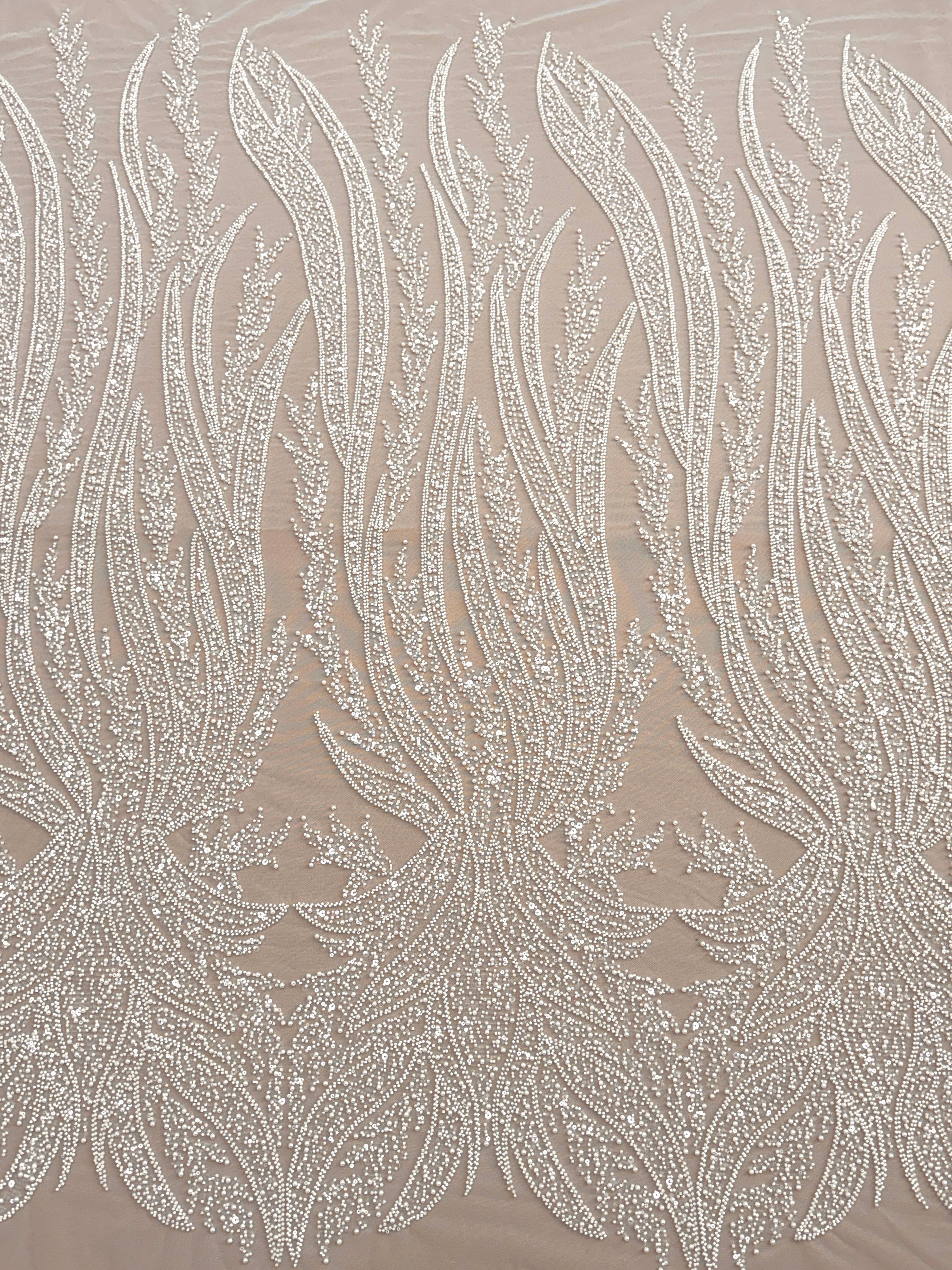Dantela Couture Ivory cu Panou, cu Perle, Margele si Paiete