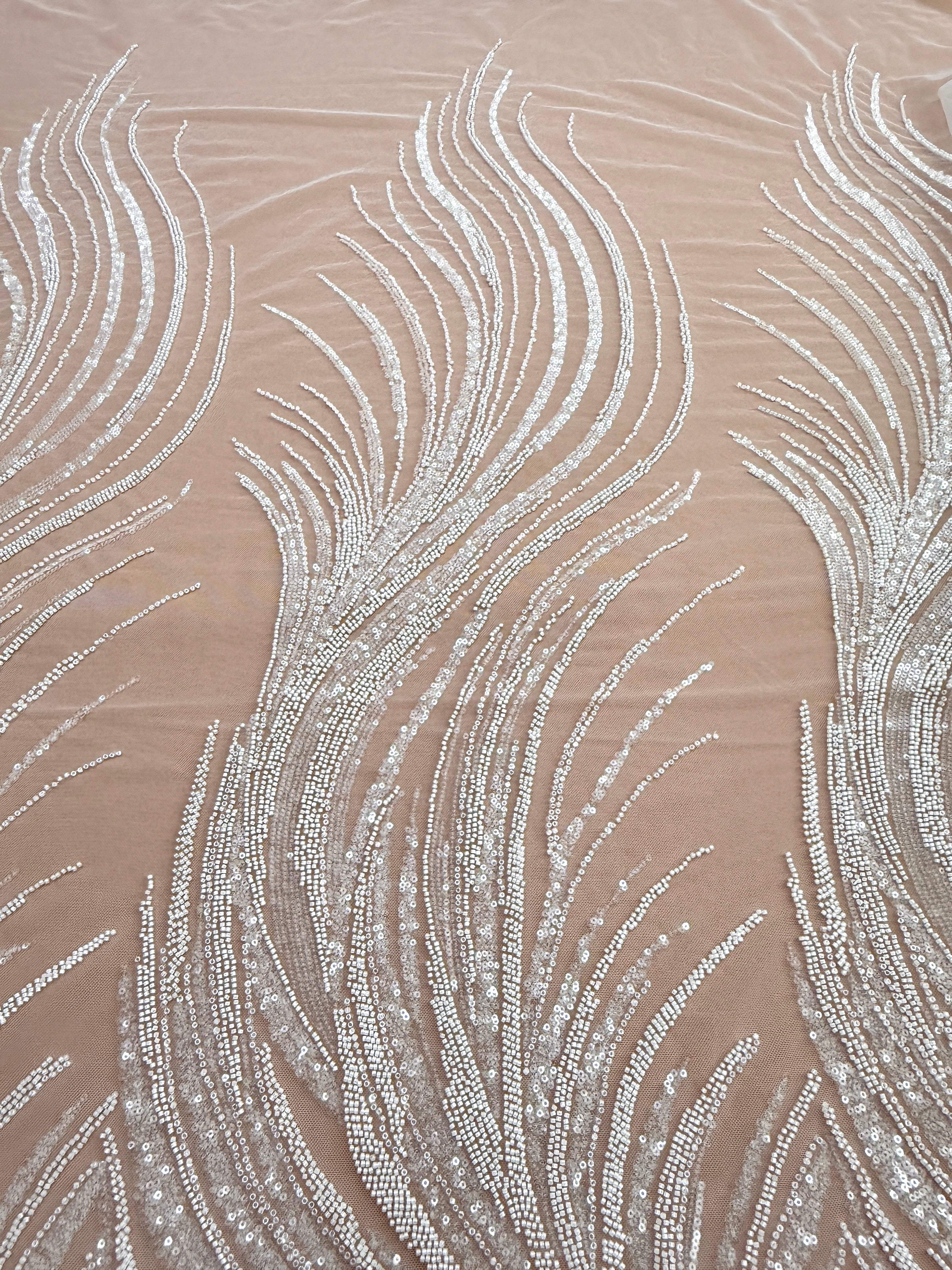 Dantela Couture Ivory cu Panou, cu Margele si Paiete