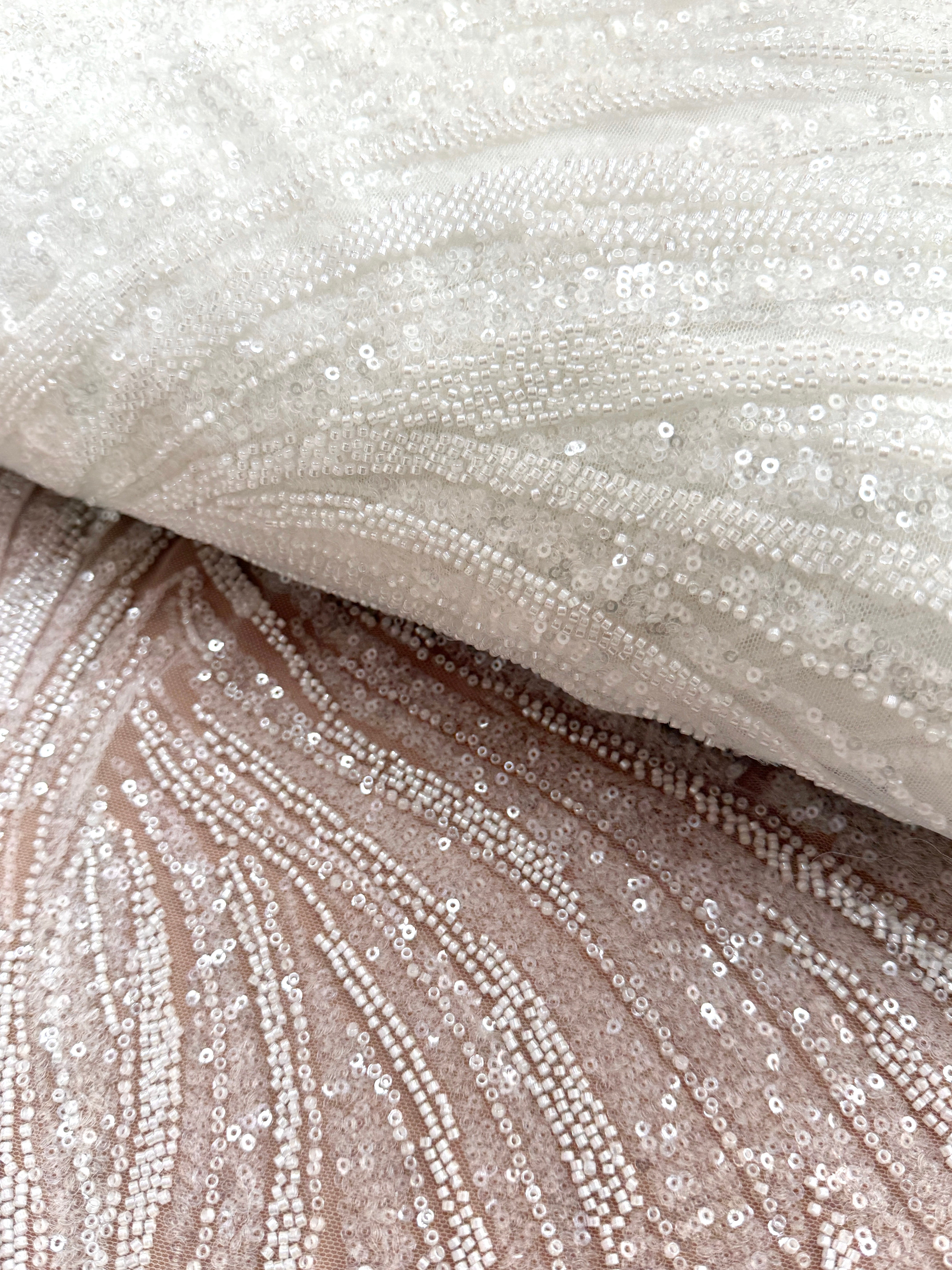 Dantela Couture Ivory cu Panou, cu Margele si Paiete