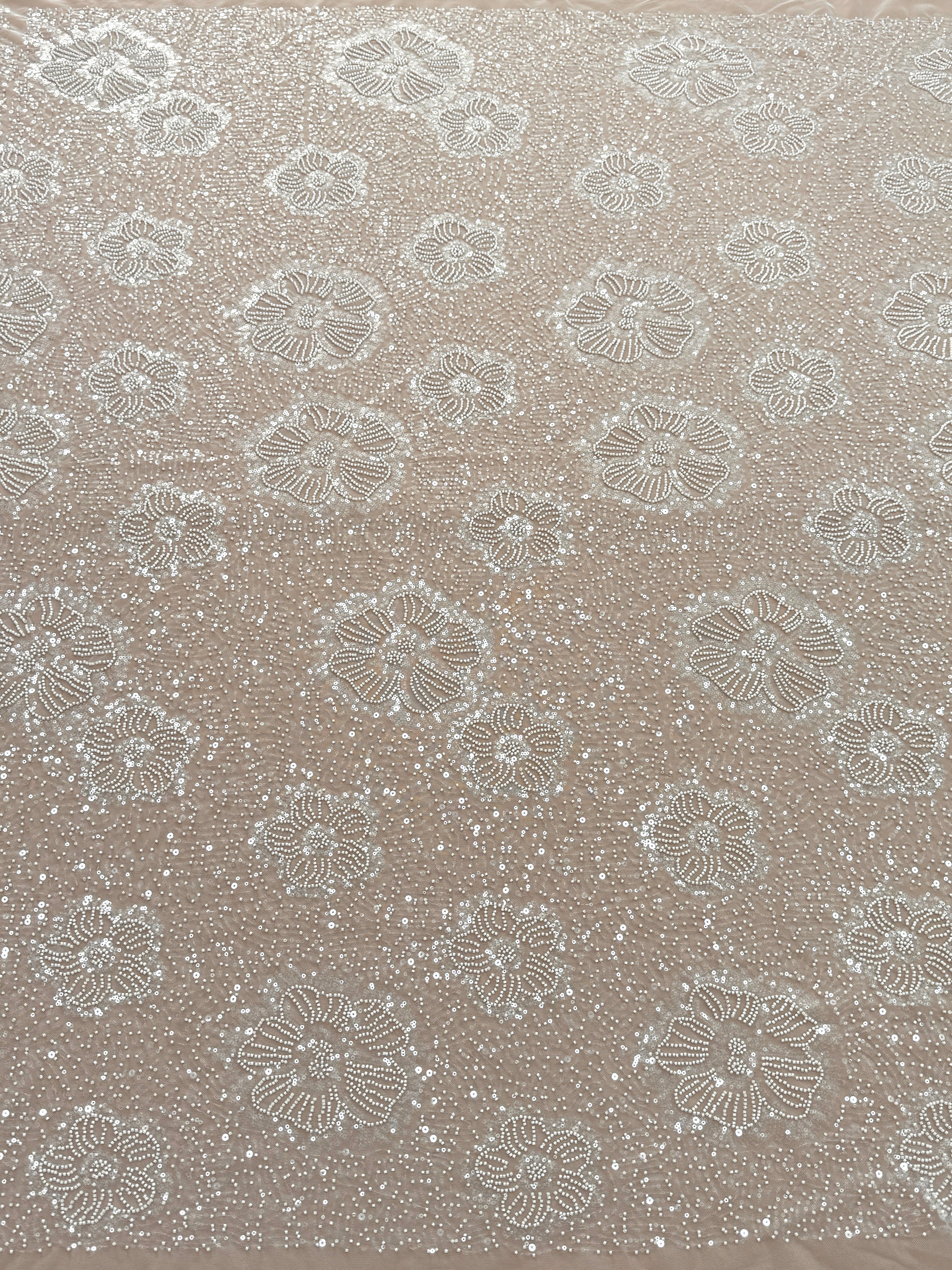 Dantela Couture Ivory cu Model Floral, cu Margele si Paiete