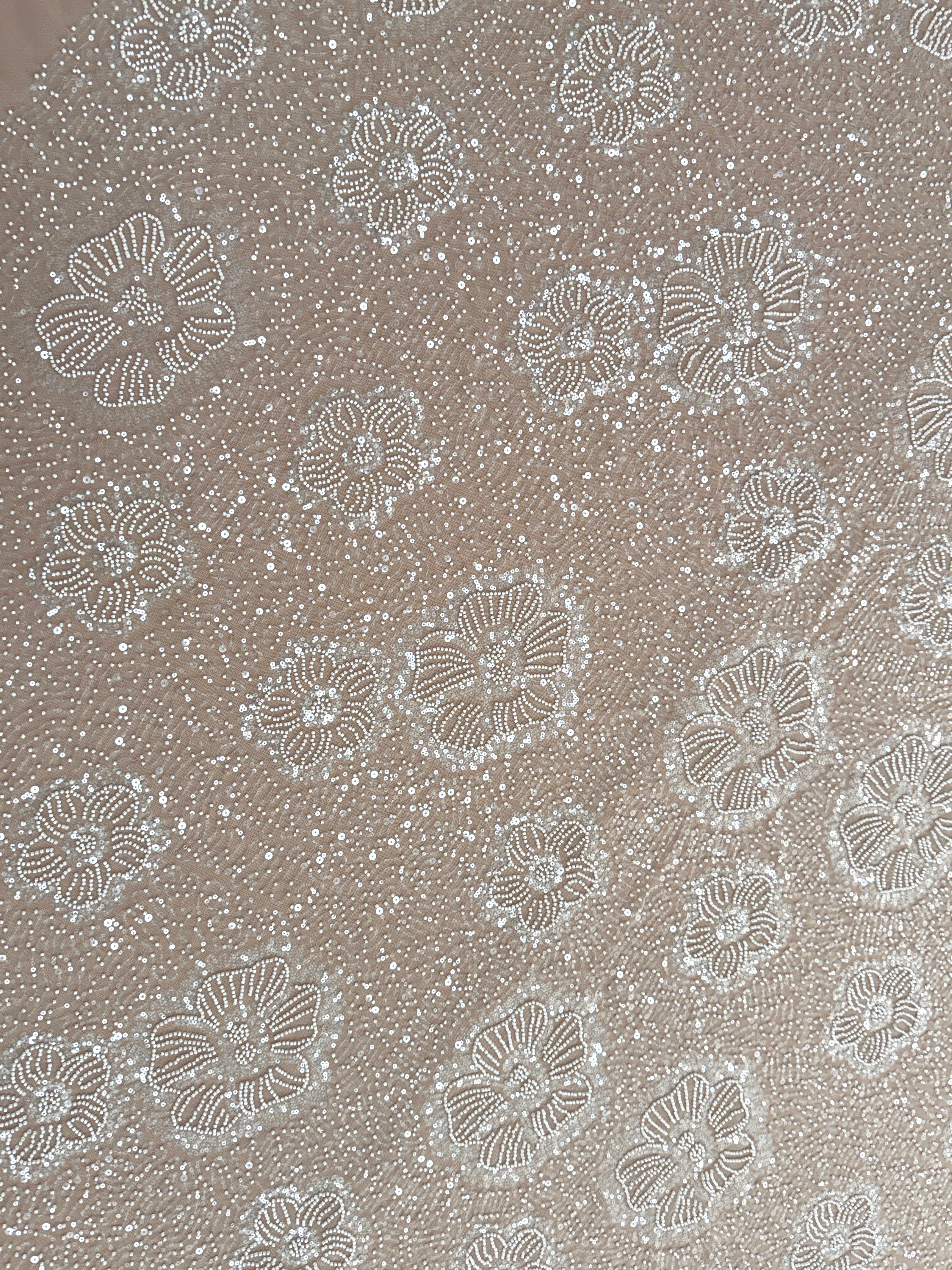 Dantela Couture Ivory cu Model Floral, cu Margele si Paiete