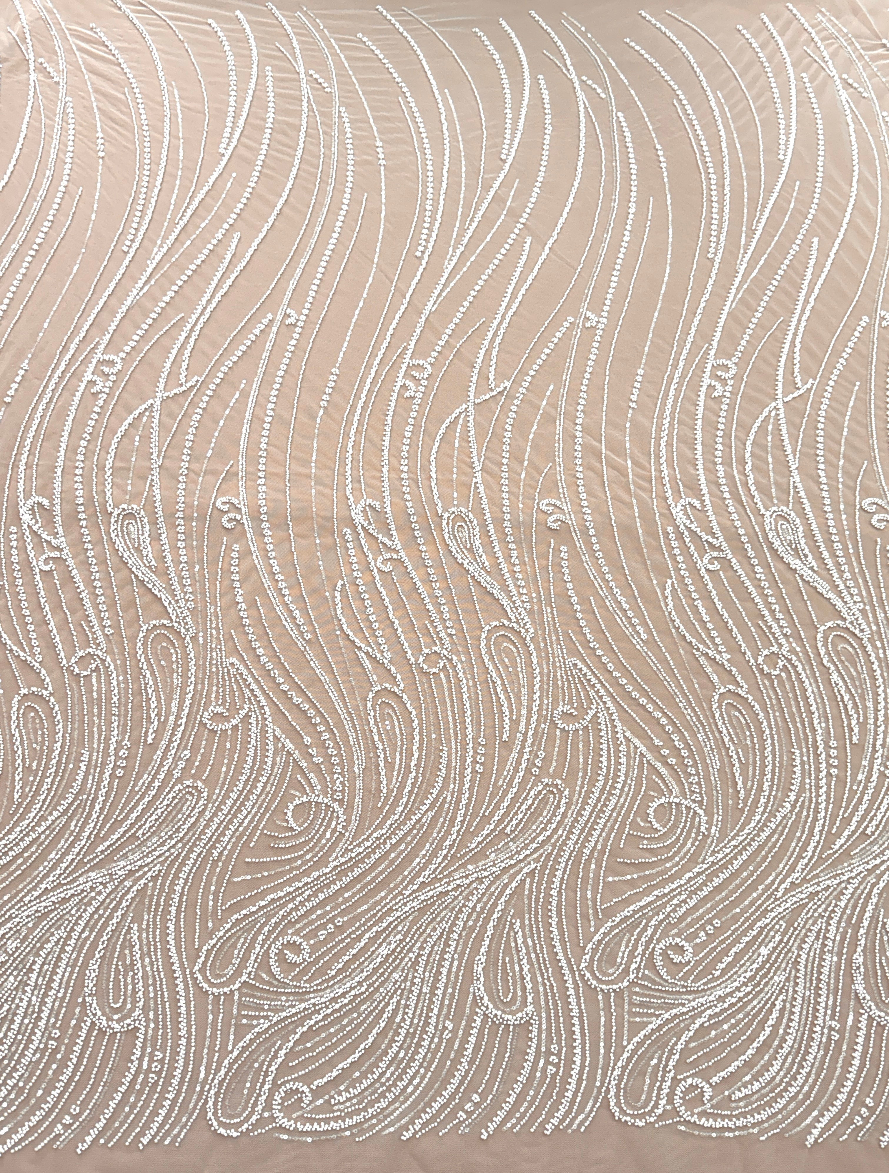 Dantela Ivory cu Model Geometric, cu Perle, Margele si Paiete