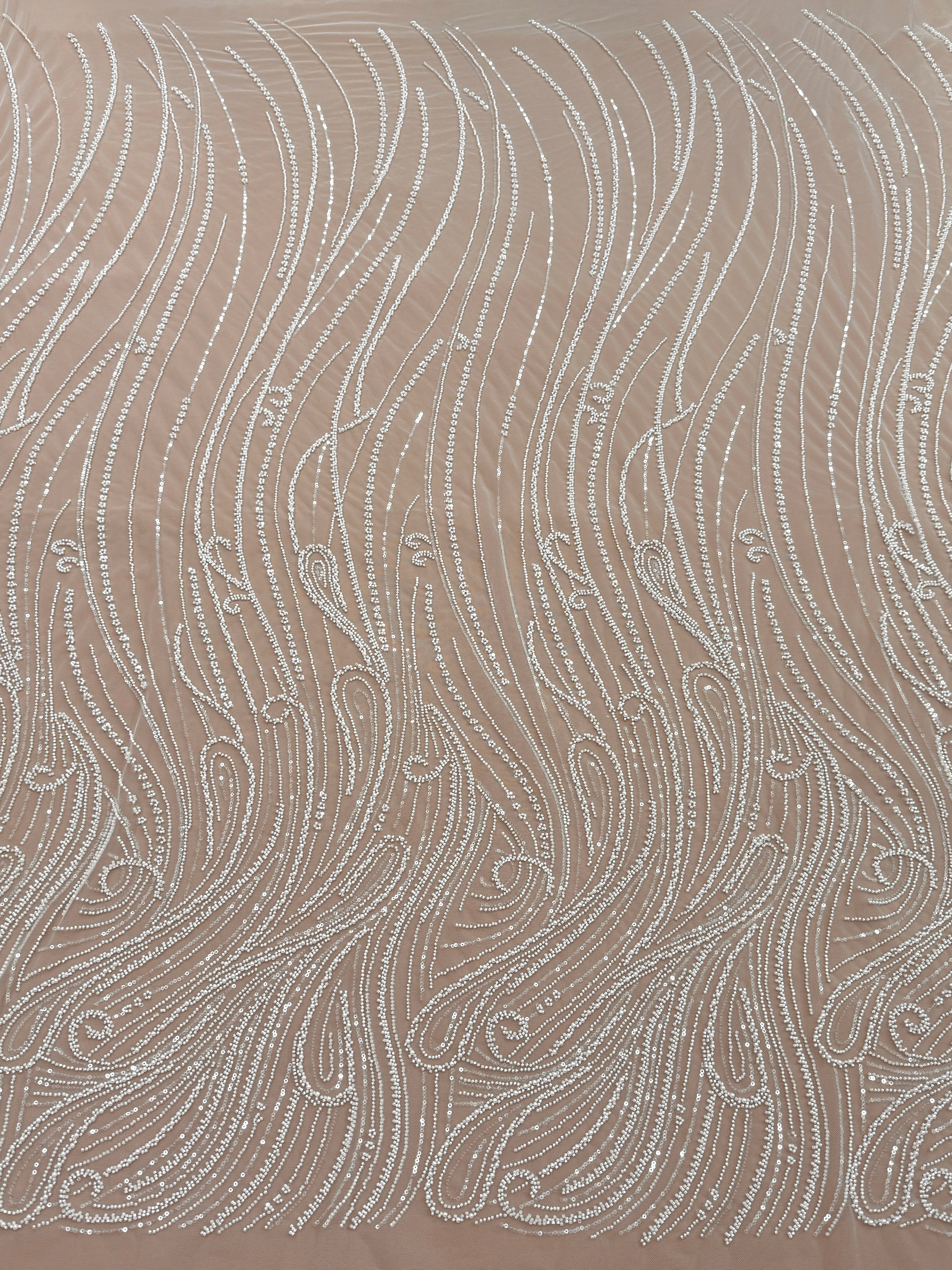 Dantela Couture Ivory cu Model Geometric, cu Perle, Margele si Paiete